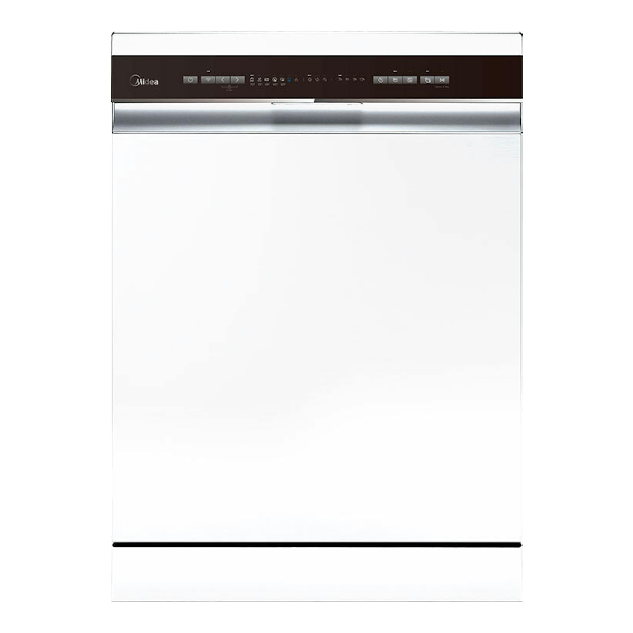 Lavavajillas Midea MDWPF1333CW-WE-EU blanco, vista frontal, panel superior negro.