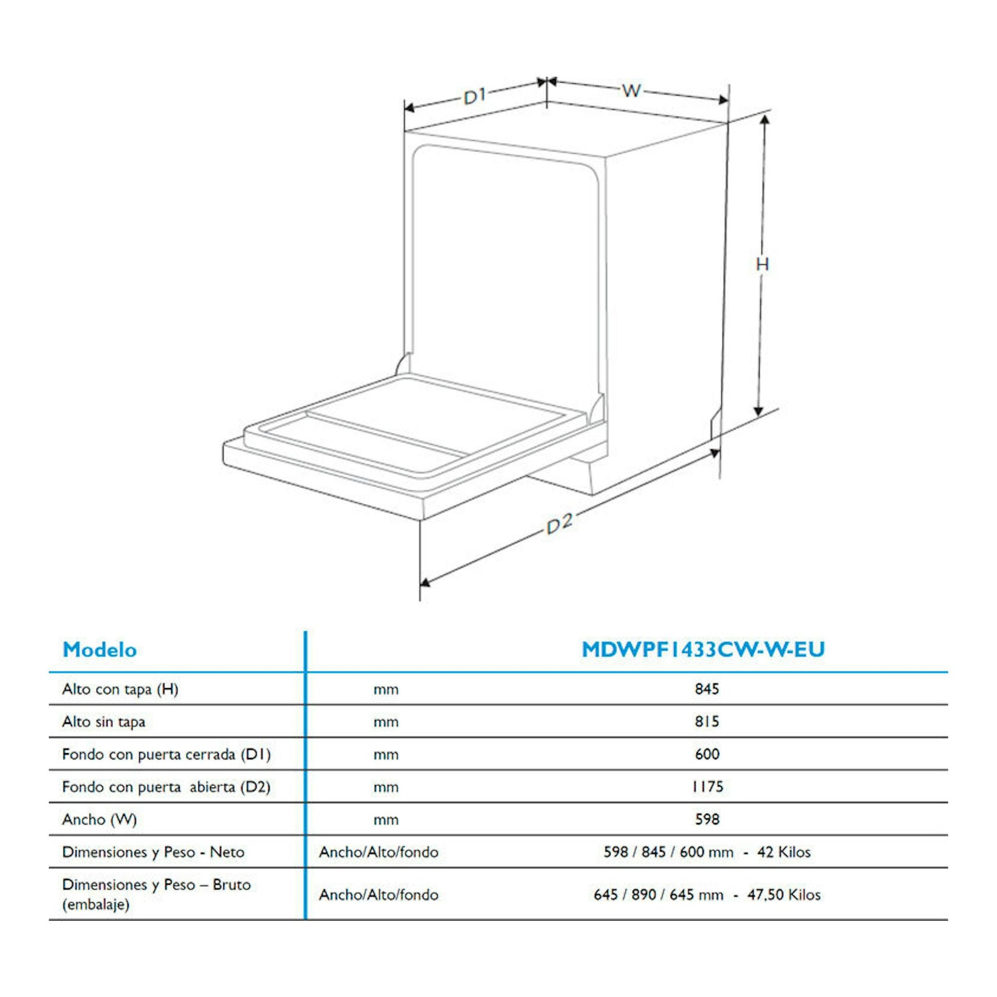 Dibujo técnico del lavavajillas Midea MDWPF1333CW-WEU blanco, vista isométrica con puerta abierta y medidas.
