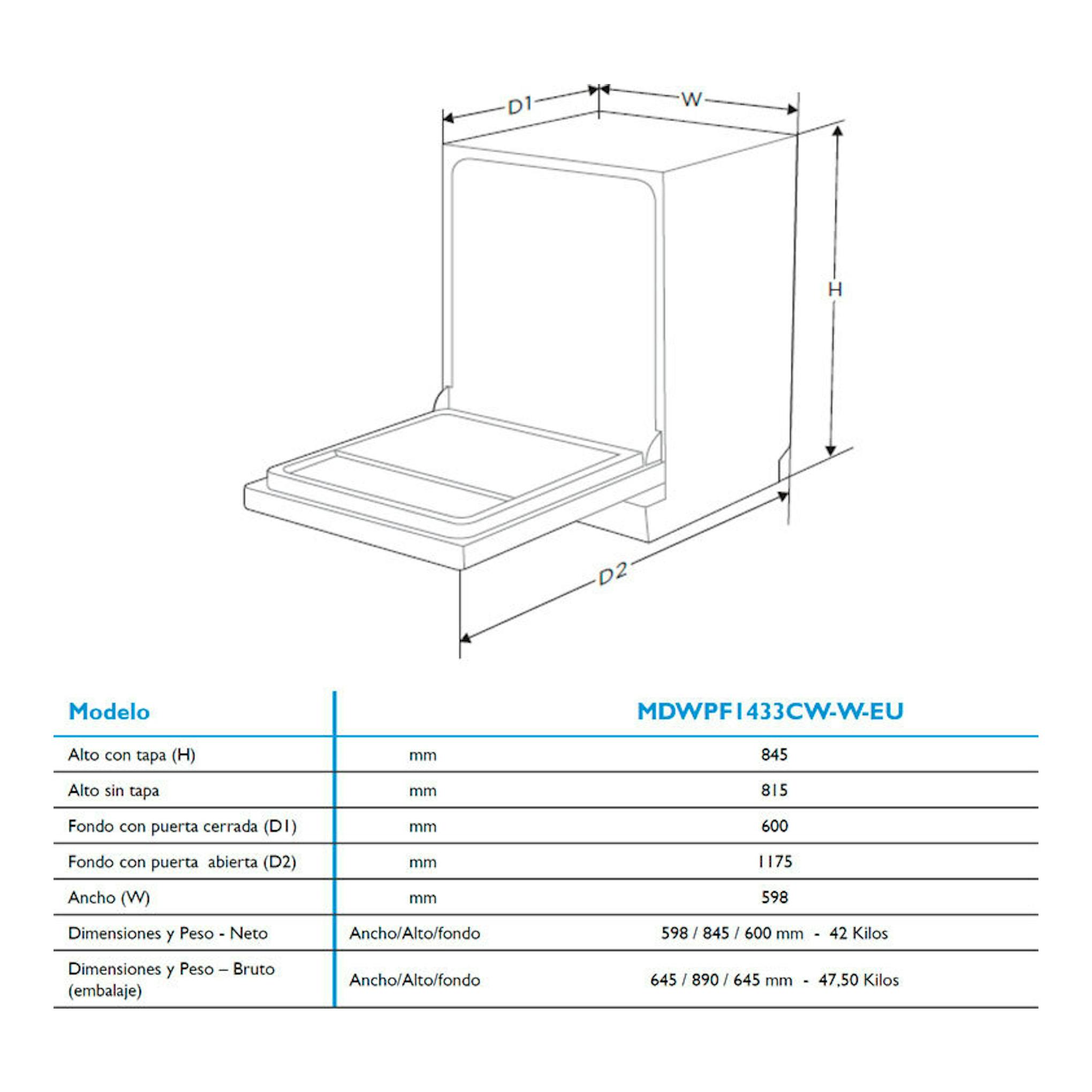 Dibujo técnico del lavavajillas Midea MDWPF1333CW-WEU blanco, vista isométrica con puerta abierta y medidas.
