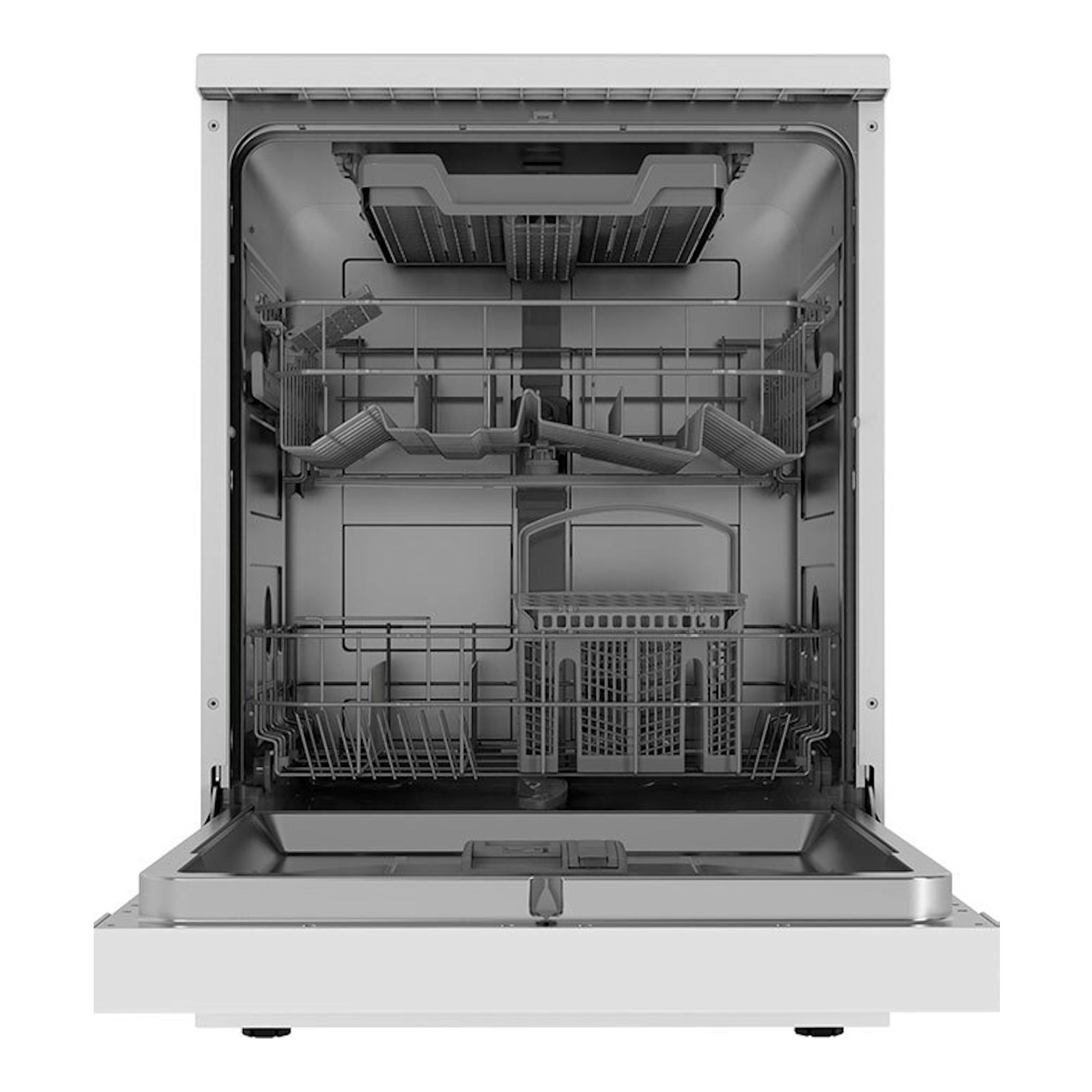 Midea MDWPF1333CW-WE-EU: lavavajillas gris de 60 cm, vista frontal abierto con cestas y brazos rociadores.