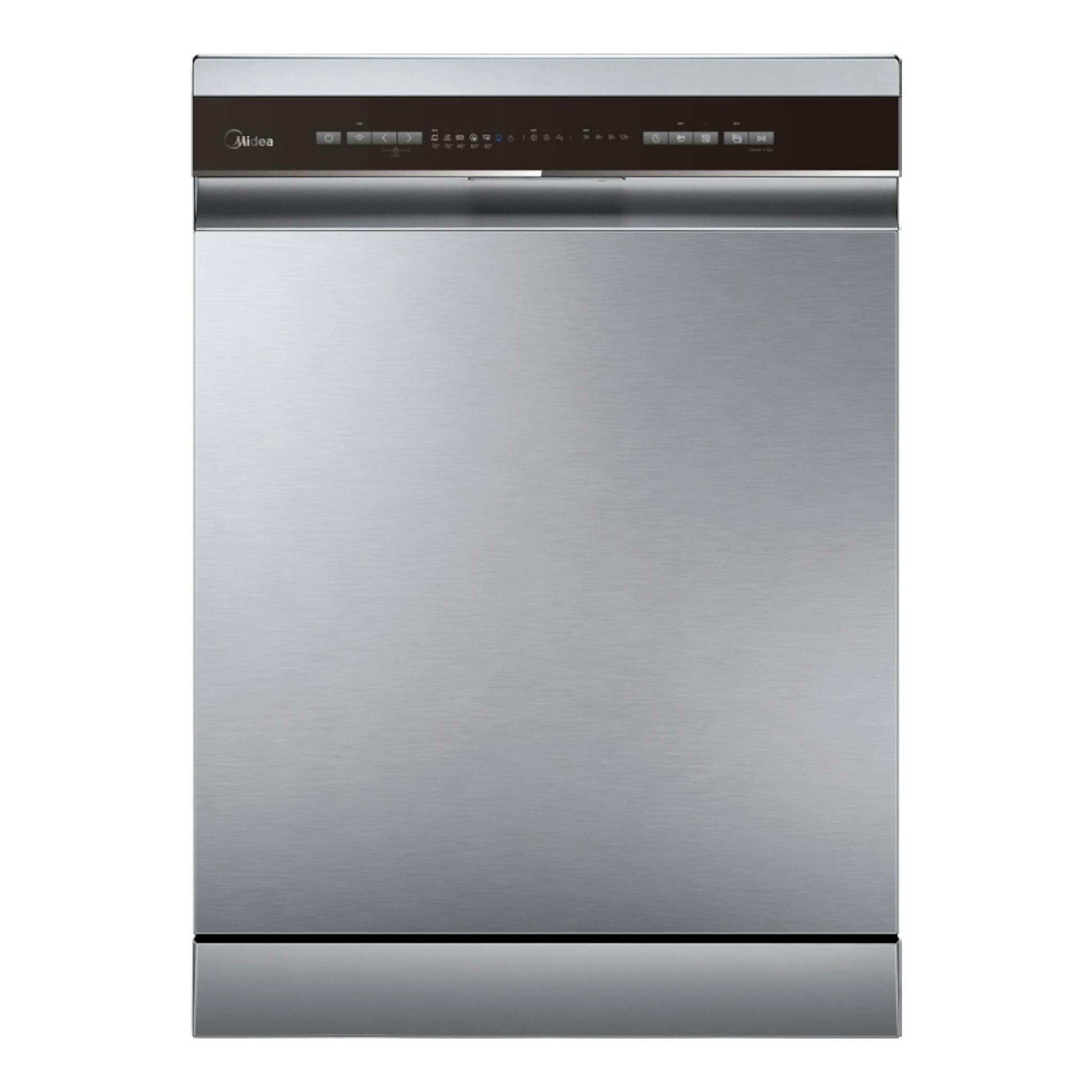 Lavavajillas Midea MDWPF1433CSS-W-EU, vista frontal, acabado inox, panel de control negro superior.