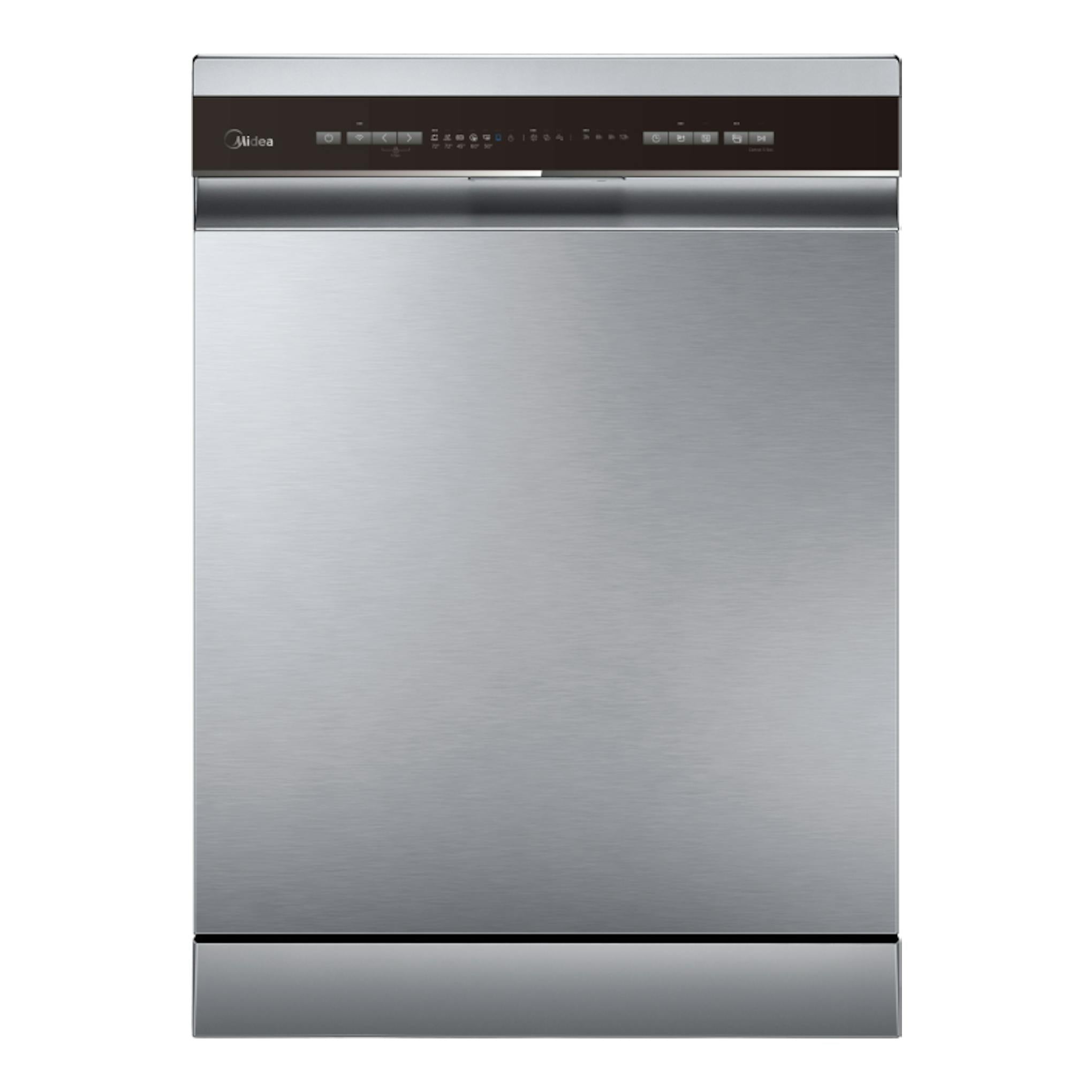 Lavavajillas Midea MDWPF1433CSS-W-EU, vista frontal, acabado inox, panel de control negro superior.
