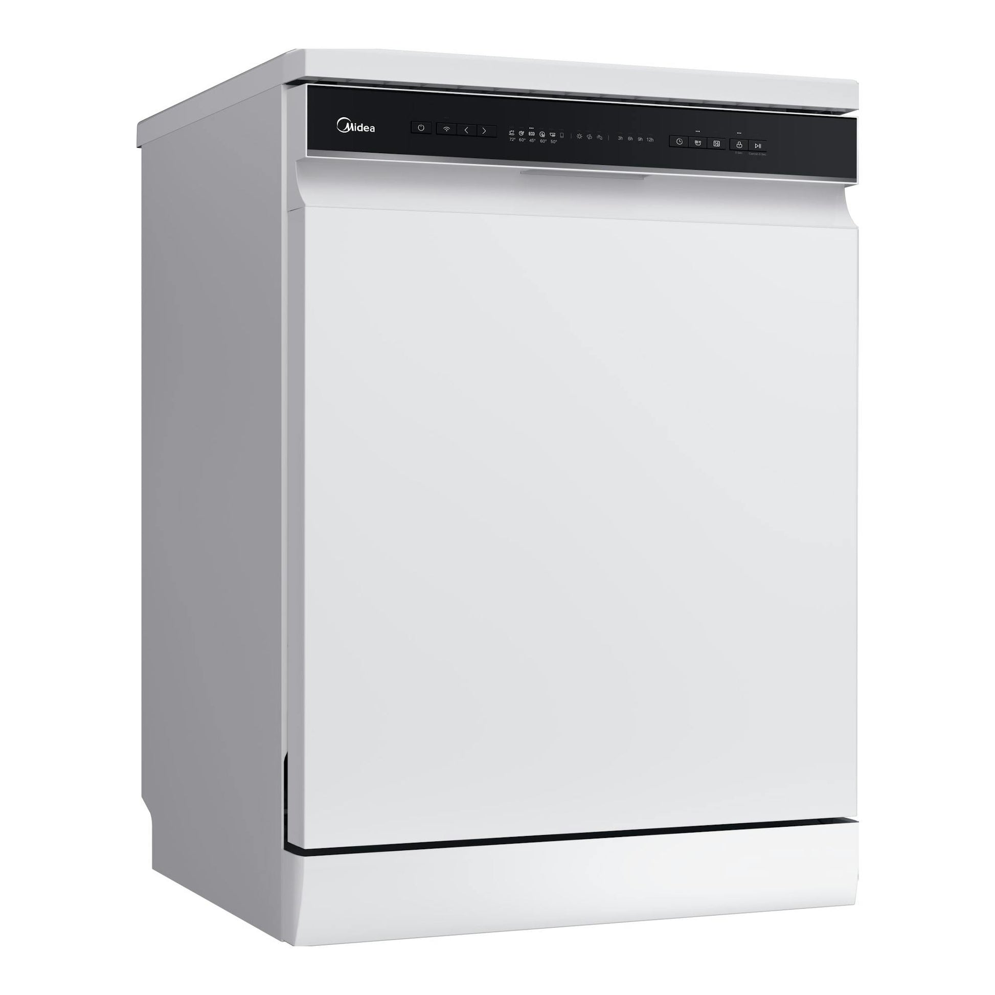 Lavavajillas Midea MDWPF1433CW-W-EU blanco, vista frontal en ángulo, con panel de control negro superior.