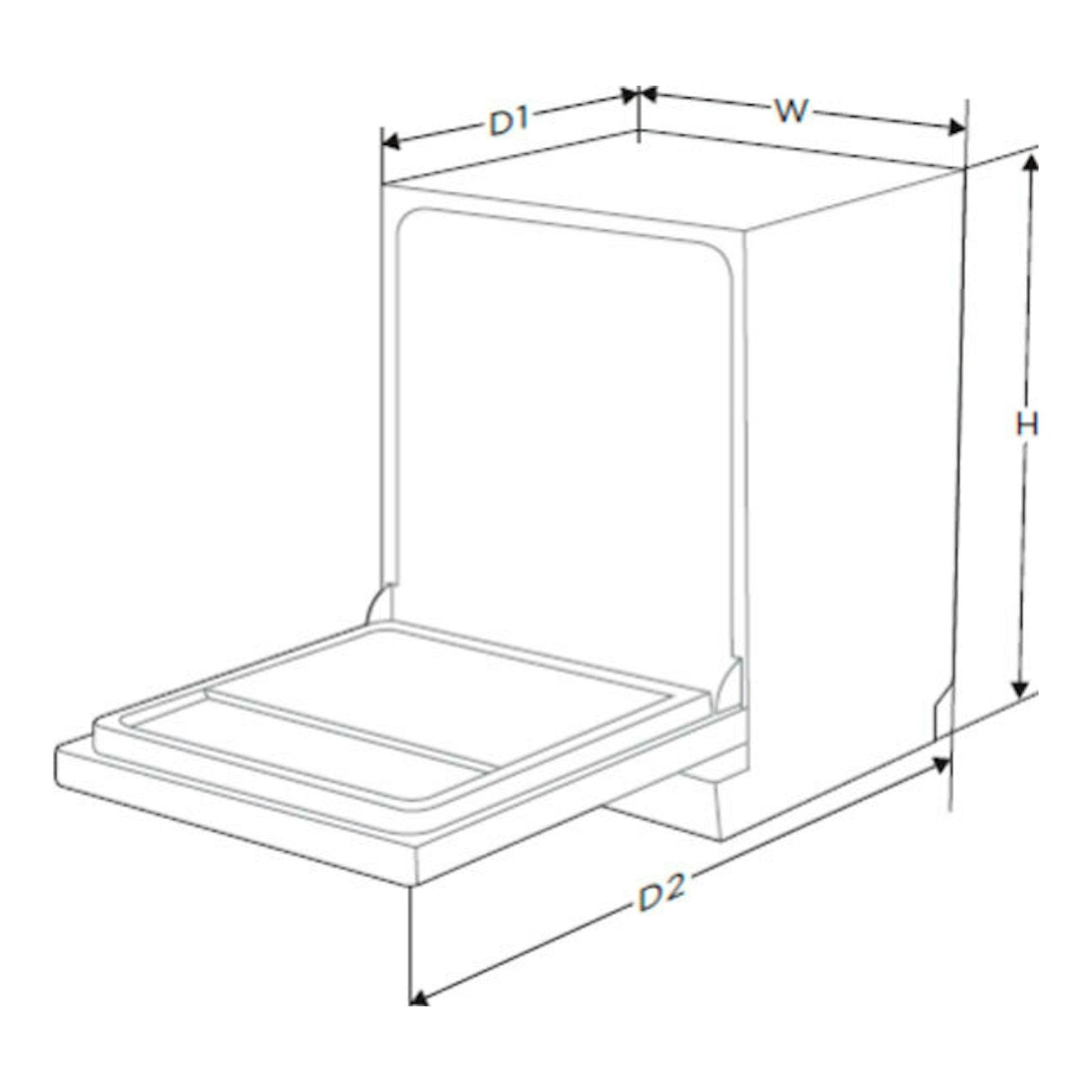 Lavavajillas Midea MFD60S080W-ES, dibujo esquemático en blanco, con puerta abatida y cotas W, H, D1 y D2.