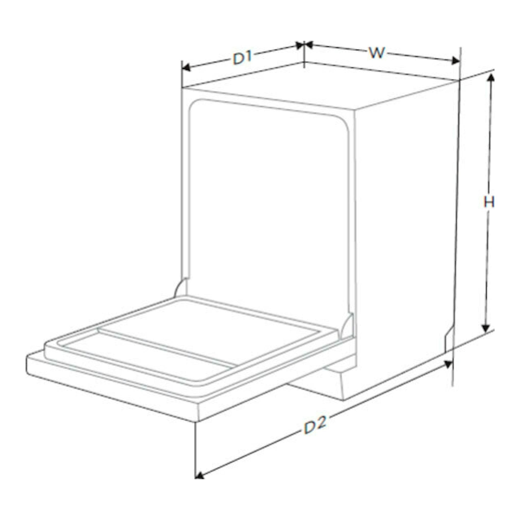Lavavajillas Midea MFD60S080W-ES, dibujo esquemático en blanco, con puerta abatida y cotas W, H, D1 y D2.