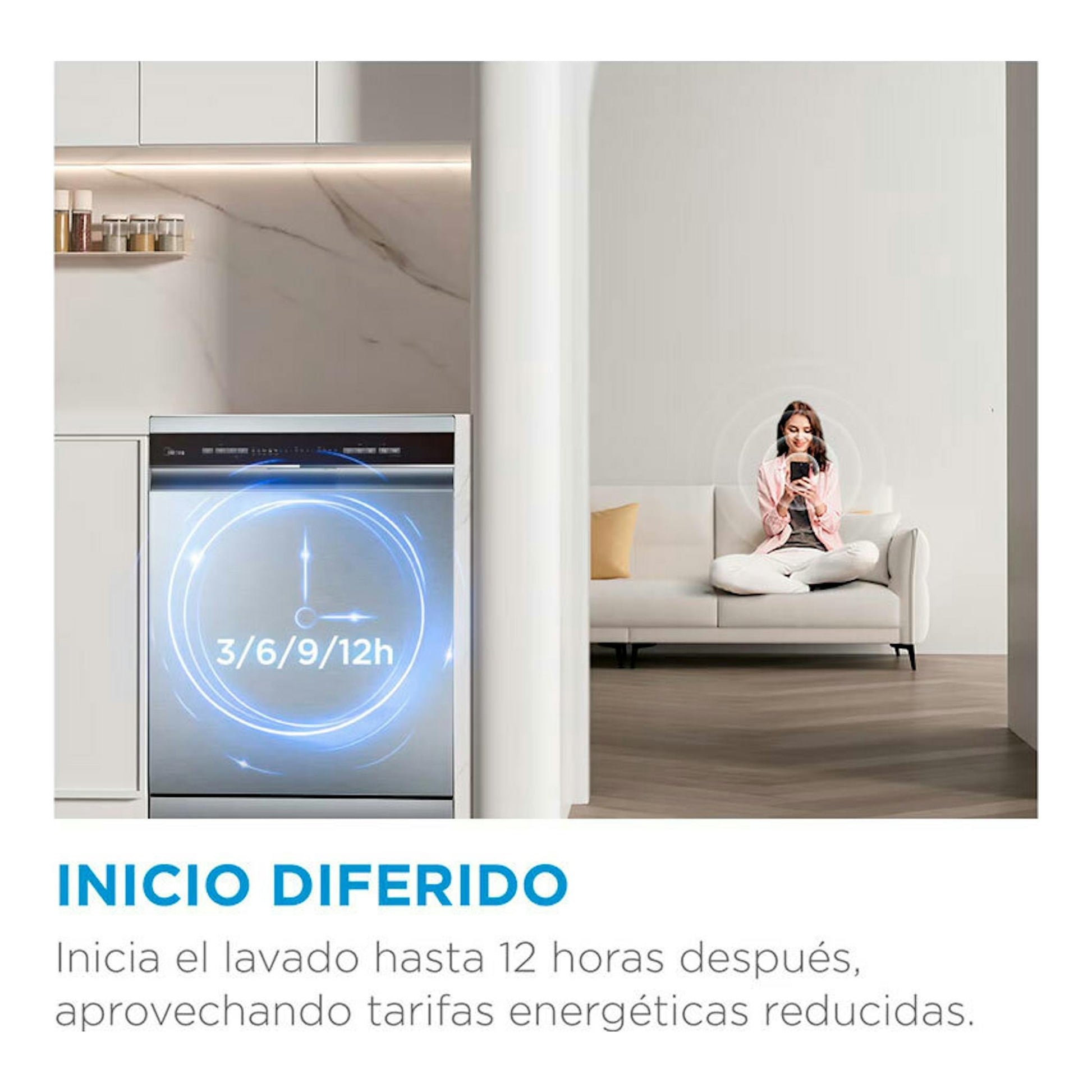 Lavavajillas Midea MFD60S080W-ES blanco, vista frontal empotrada en cocina, con inicio diferido 3/6/9/12 h.