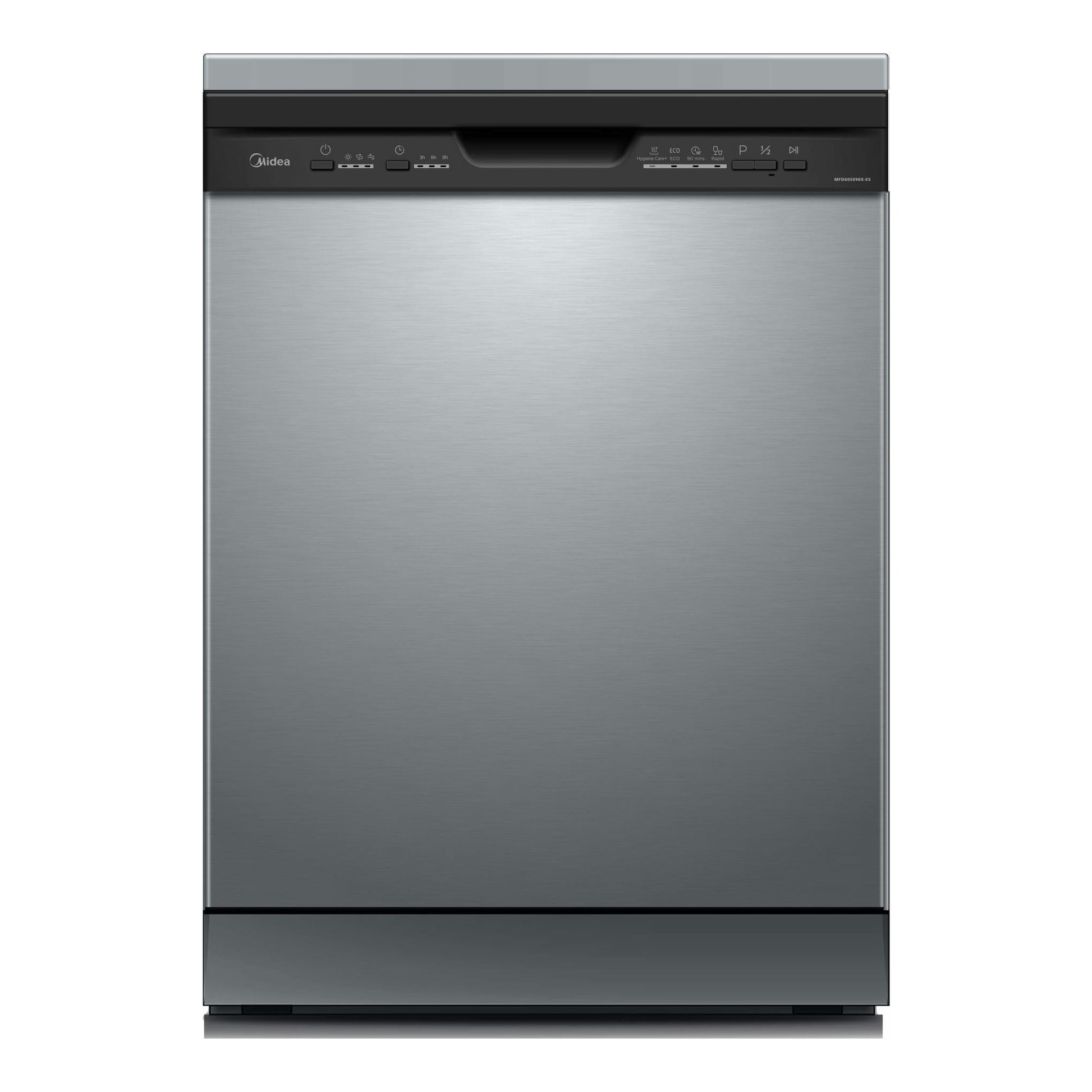 Lavavajillas Midea MFD60S090X-ES de acero inoxidable, vista frontal con panel superior negro.