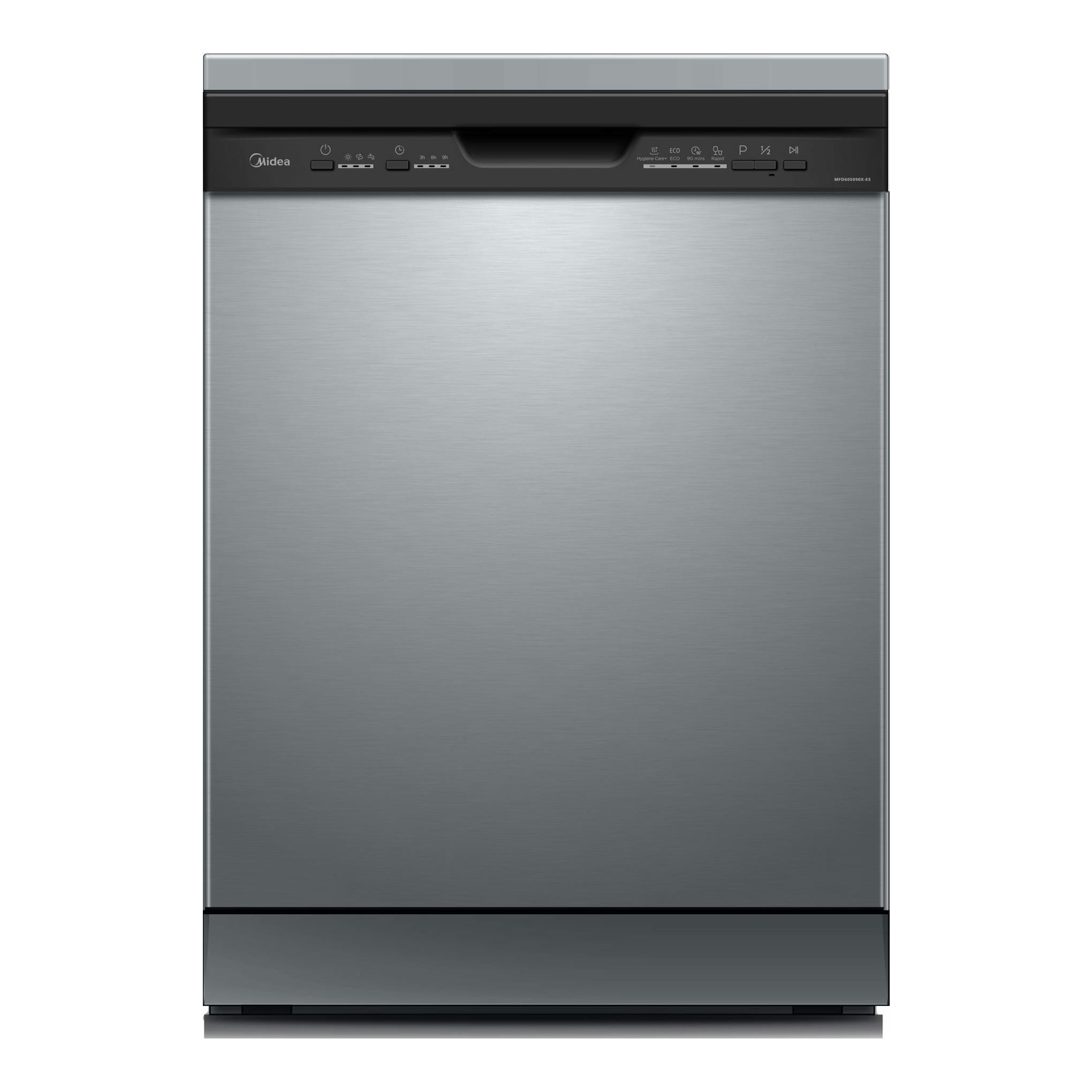 Lavavajillas Midea MFD60S090X-ES de acero inoxidable, vista frontal con panel superior negro.