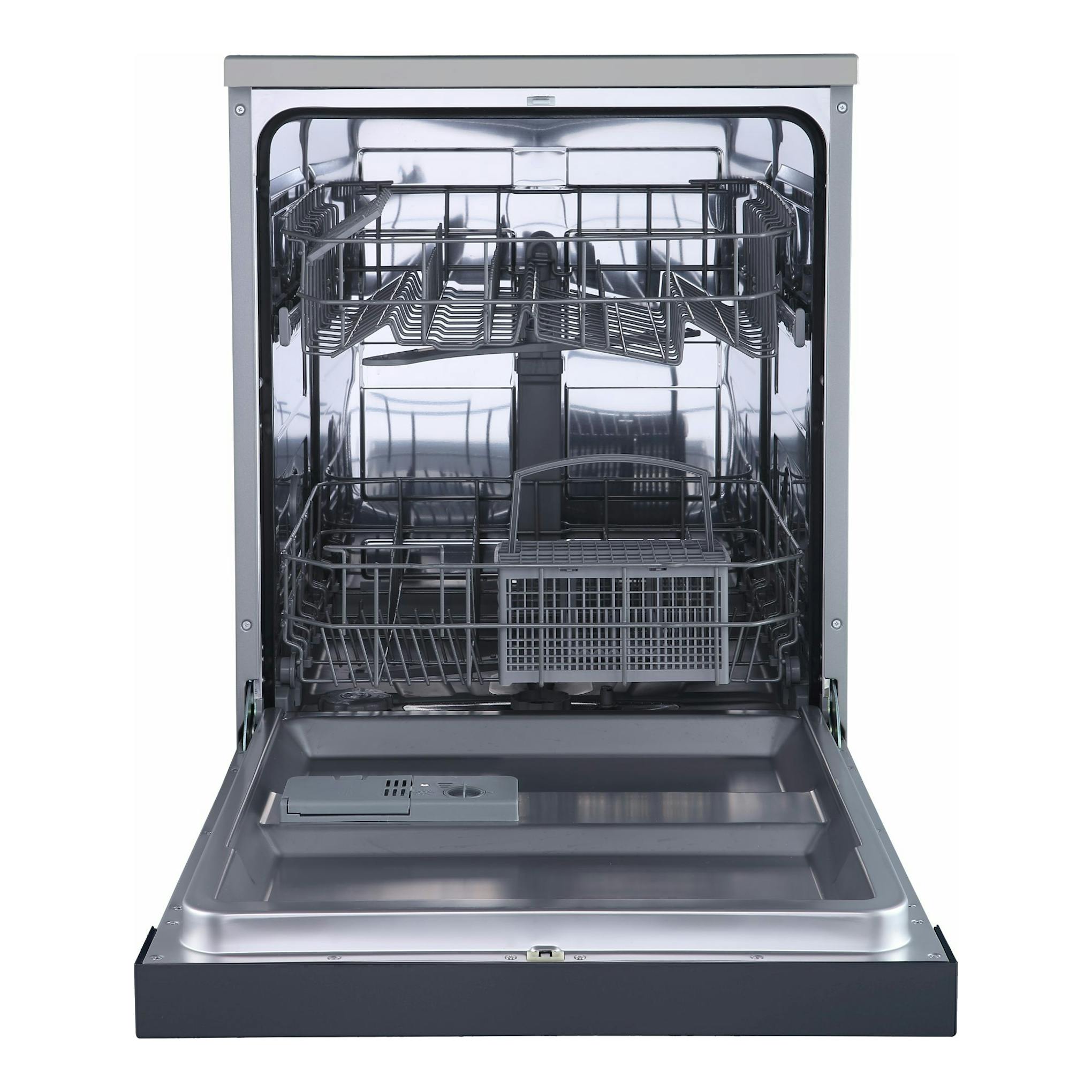 Lavavajillas Midea MFD60S090X-ES abierto, vista frontal, interior inox con cestas de dos niveles.