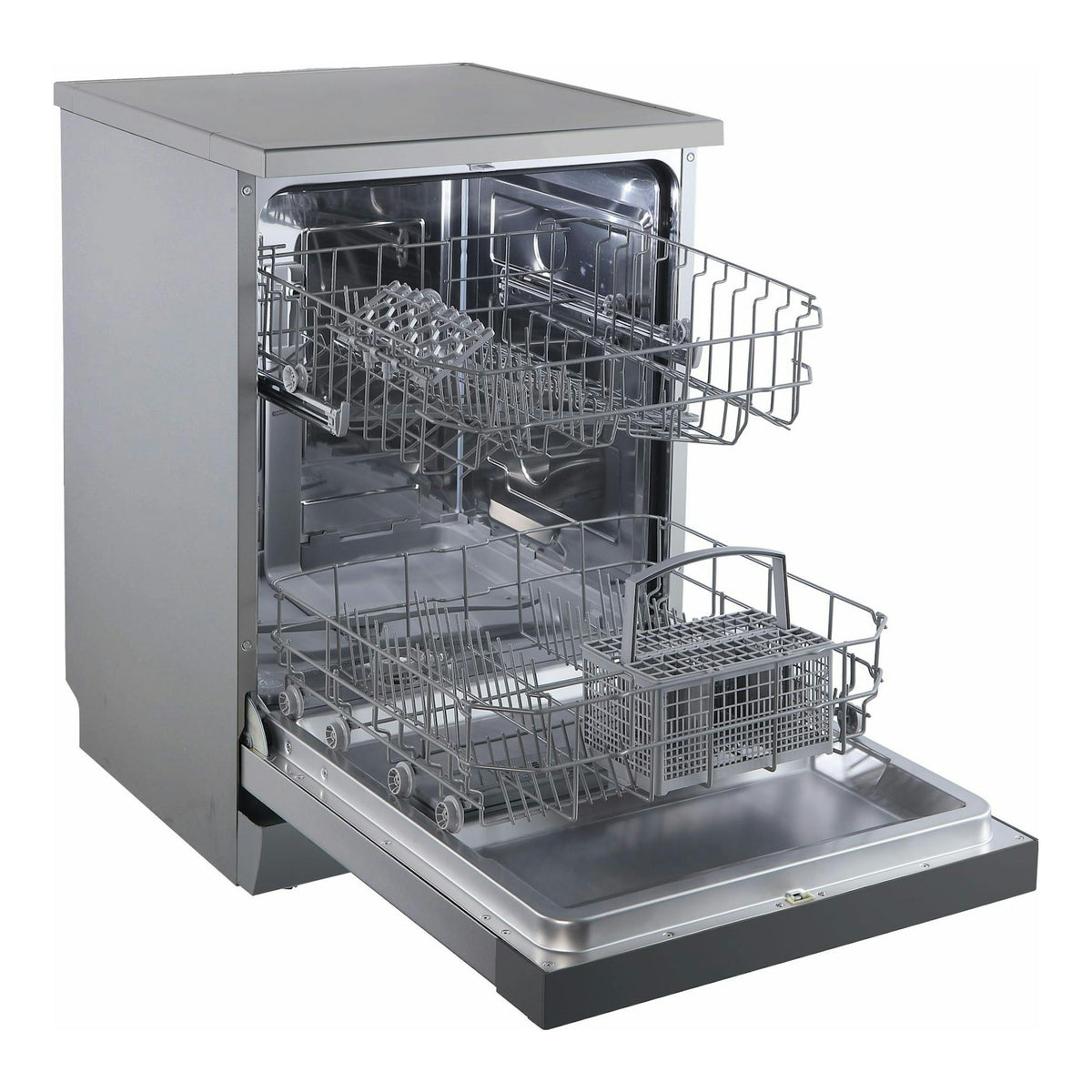 Lavavajillas Midea MFD60S090X-ES de acero inoxidable, puerta abierta, interior con dos cestas.