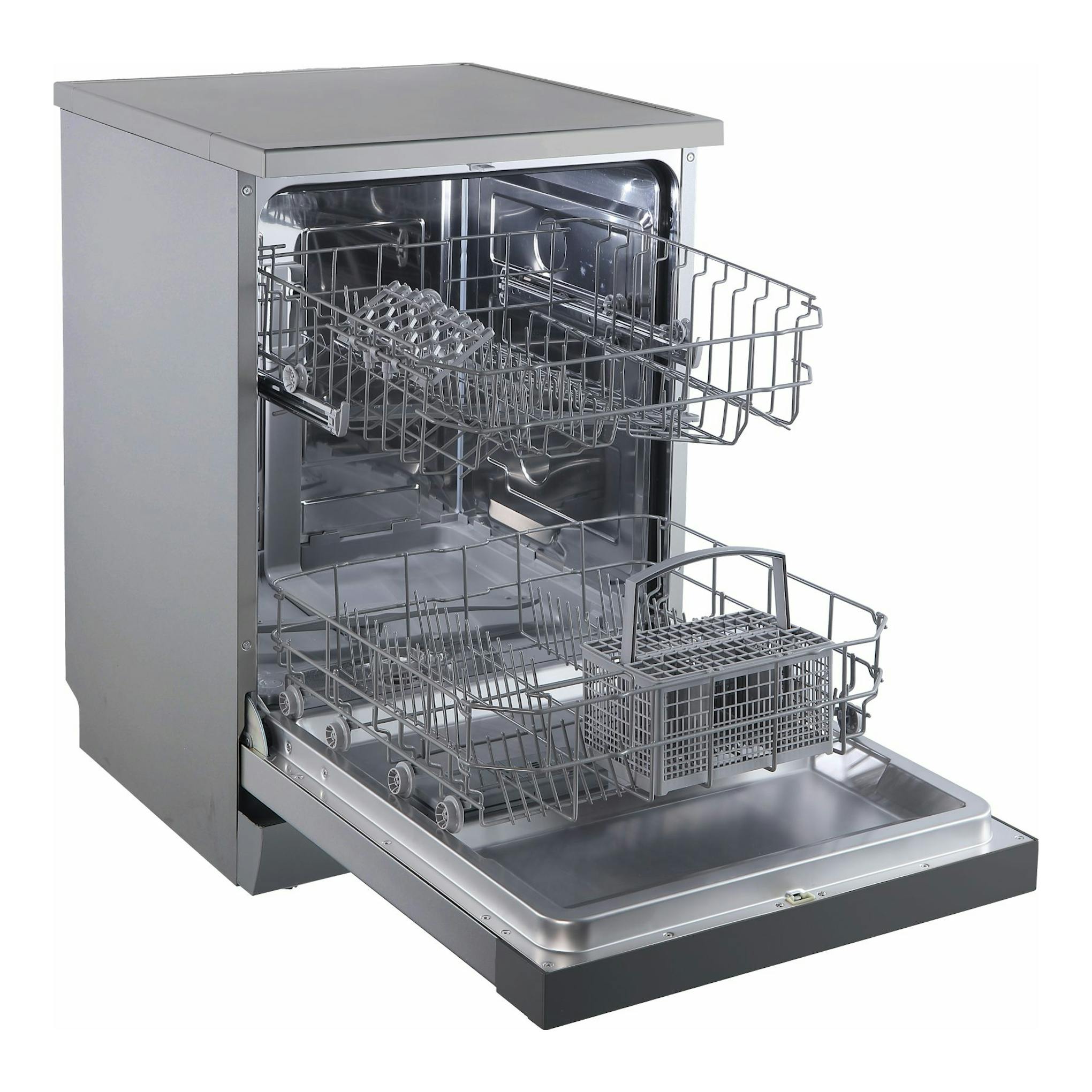 Lavavajillas Midea MFD60S090X-ES de acero inoxidable, puerta abierta, interior con dos cestas.