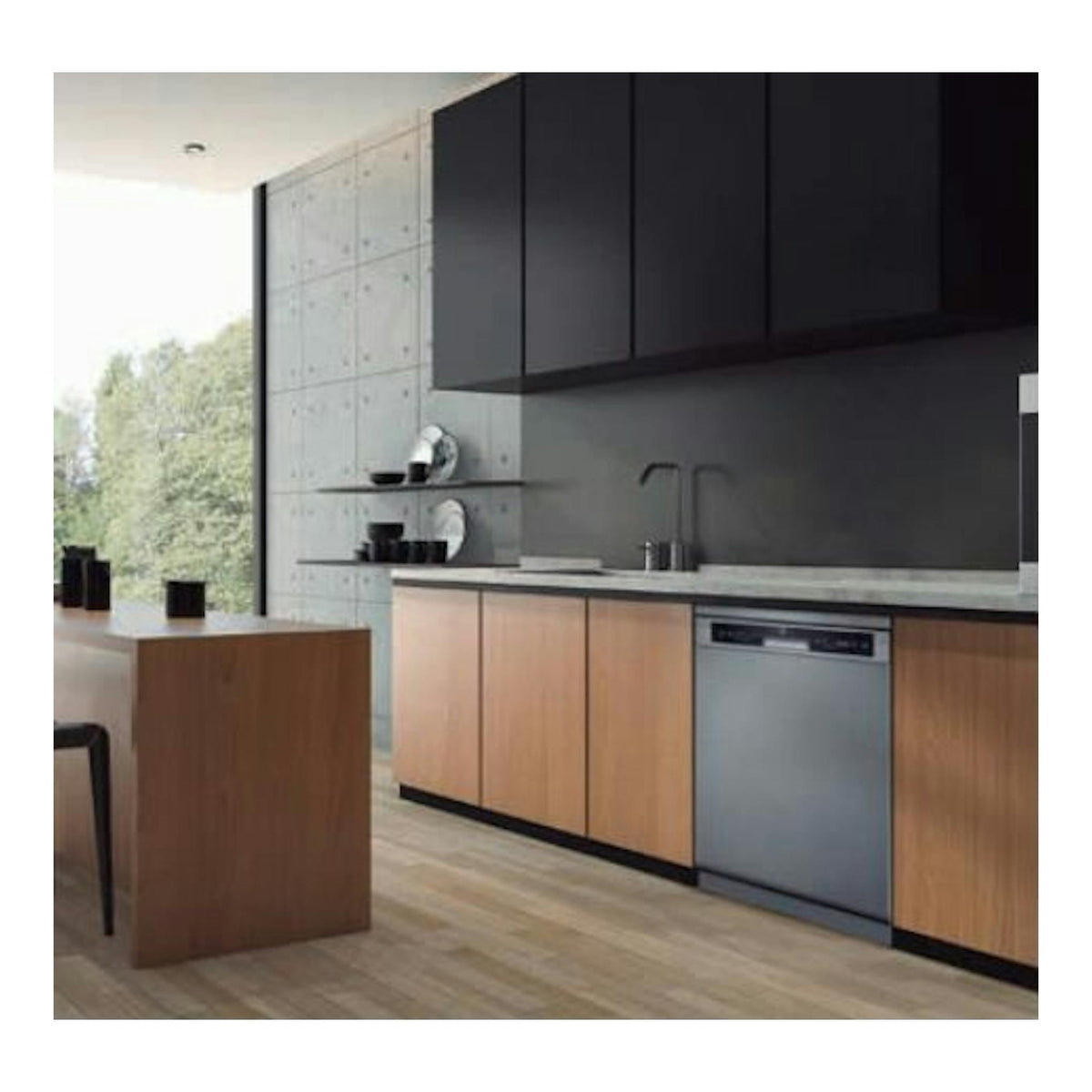 Lavavajillas Midea MFD60S090X-ES empotrado en cocina moderna, frontal inox, vista frontal.