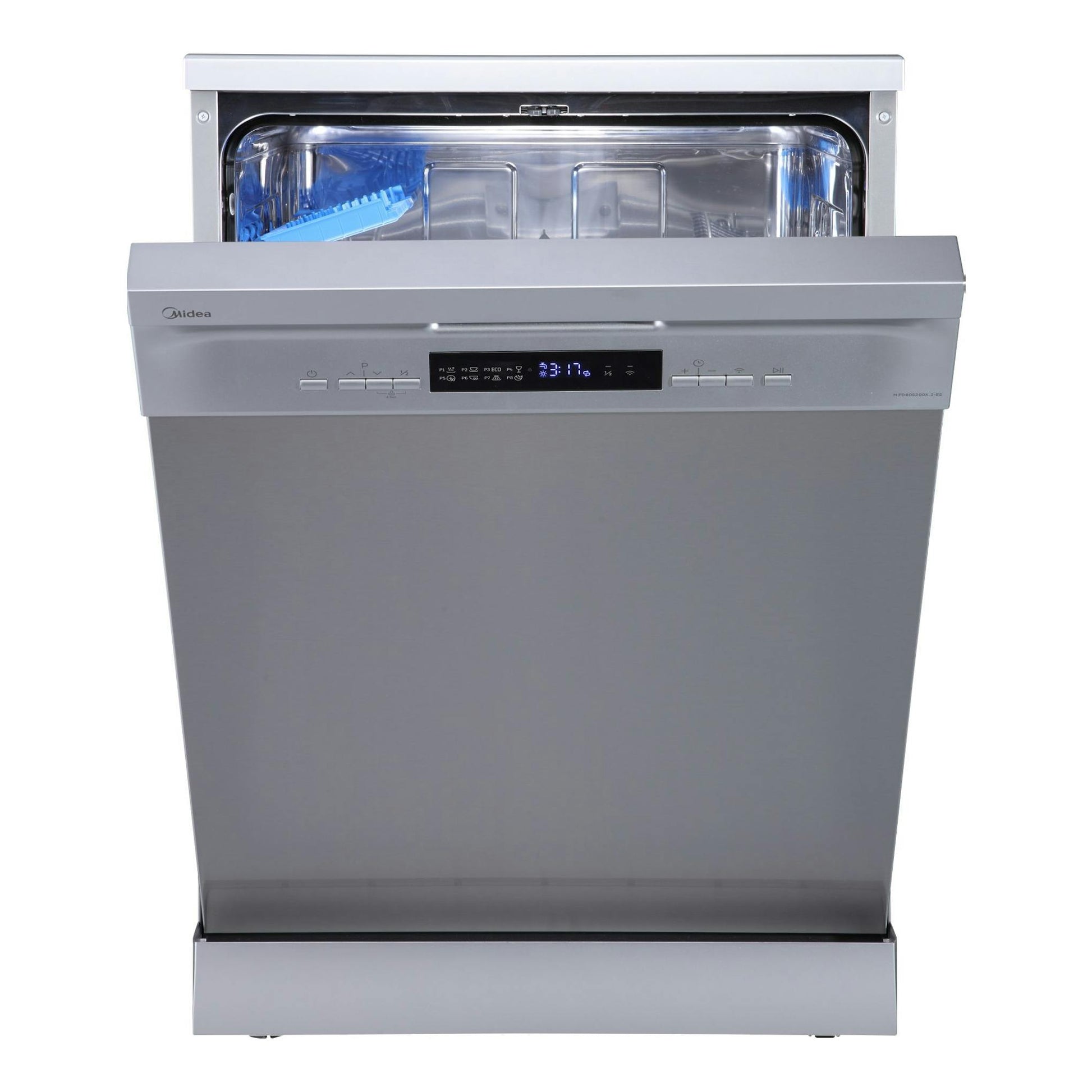 Lavavajillas Midea MFD60S200X.2-ES en inox, vista frontal con la puerta abierta y panel digital.