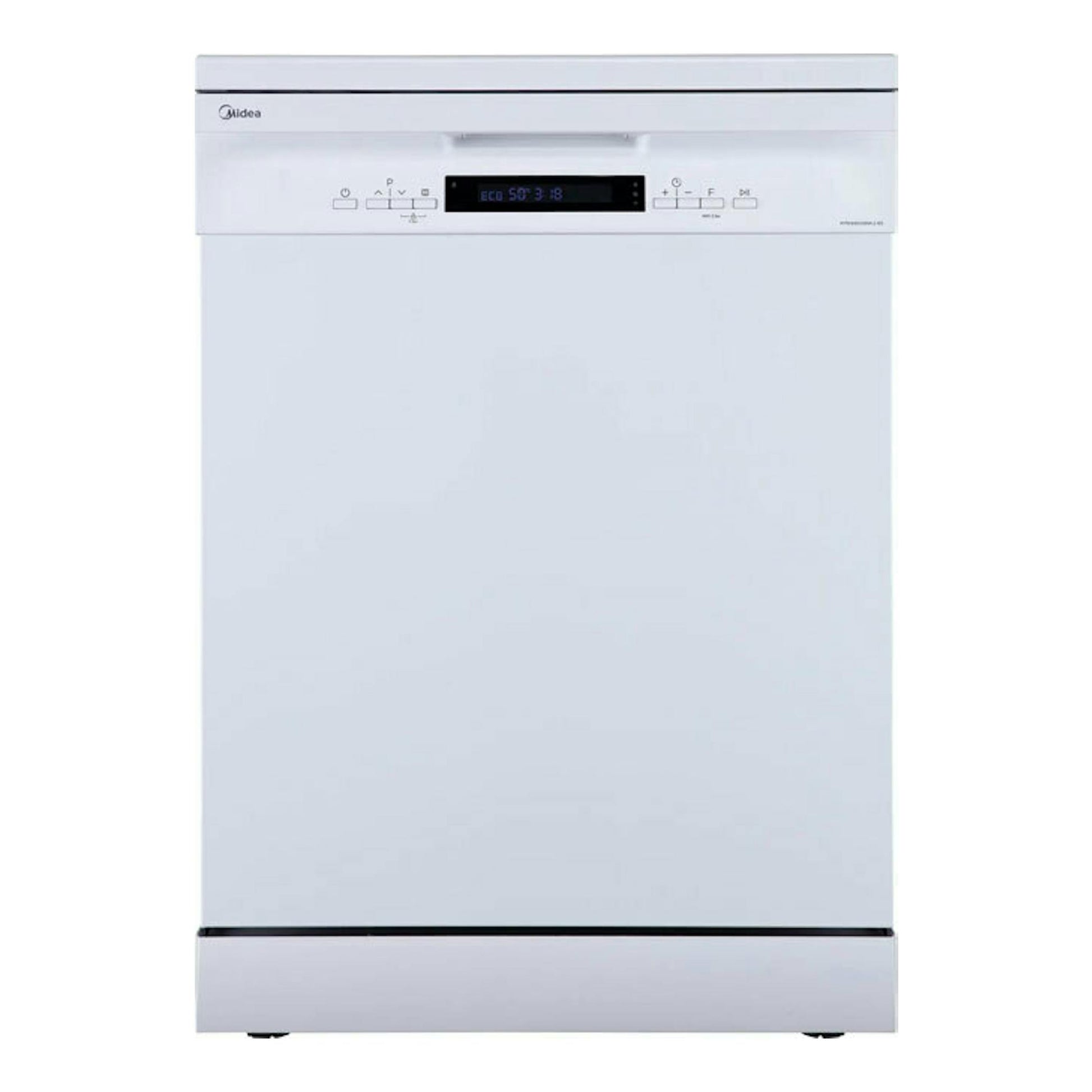 Lavavajillas Midea MFD60S300W.2-ES blanco, vista frontal, con panel digital superior.