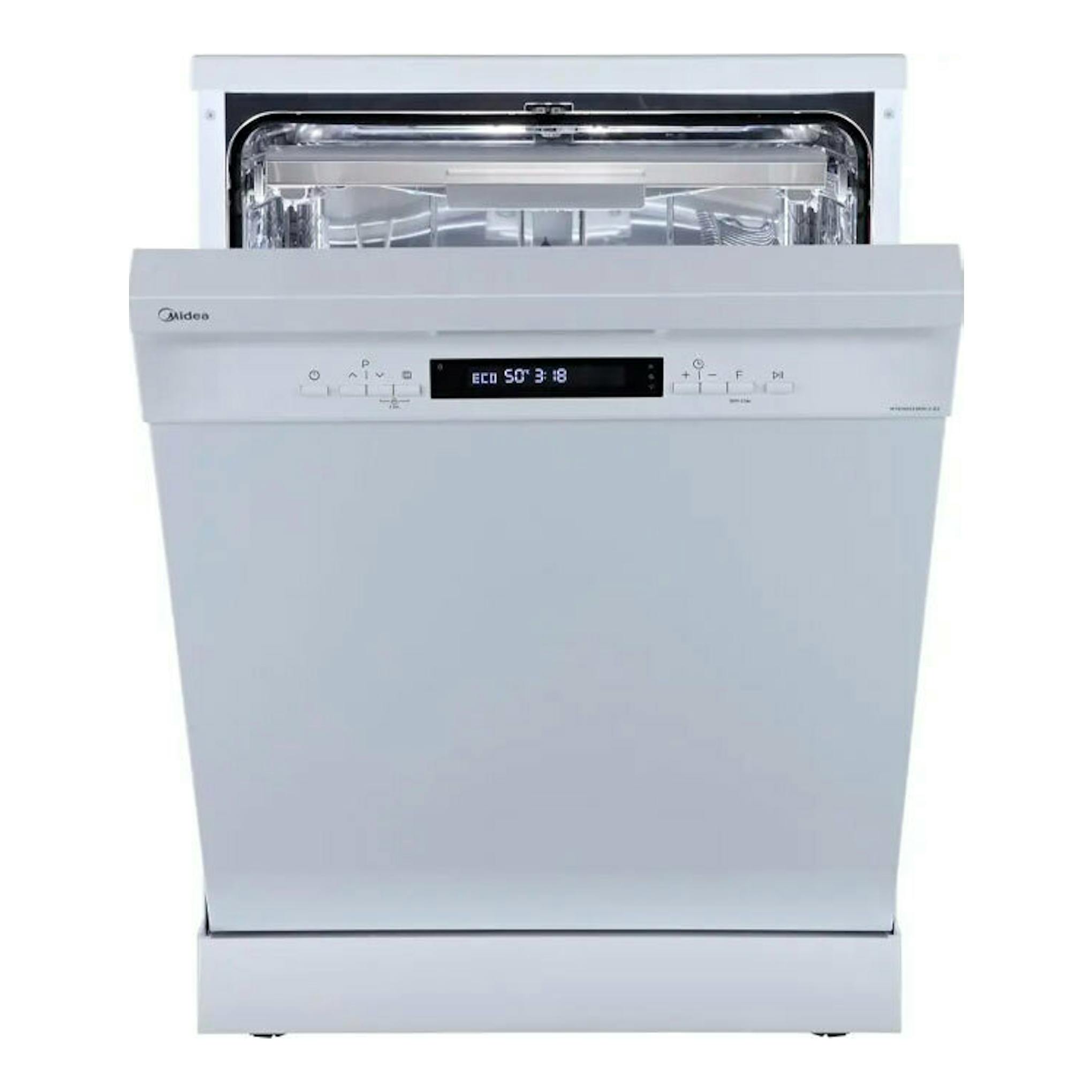 Lavavajillas Midea MFD60S300W.2-ES blanco, vista frontal con puerta abierta y panel digital.