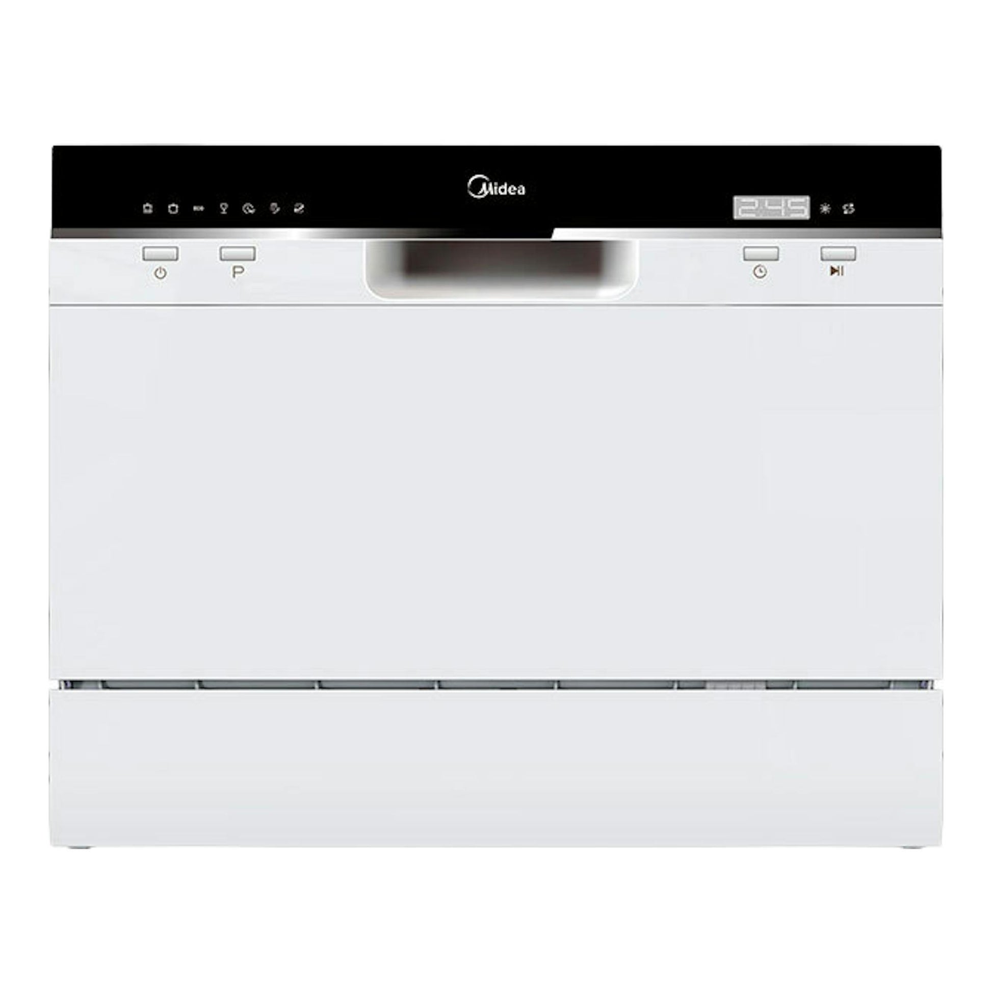 Lavavajillas Midea MTD55S101W1 blanco, vista frontal, con panel superior negro y display digital.