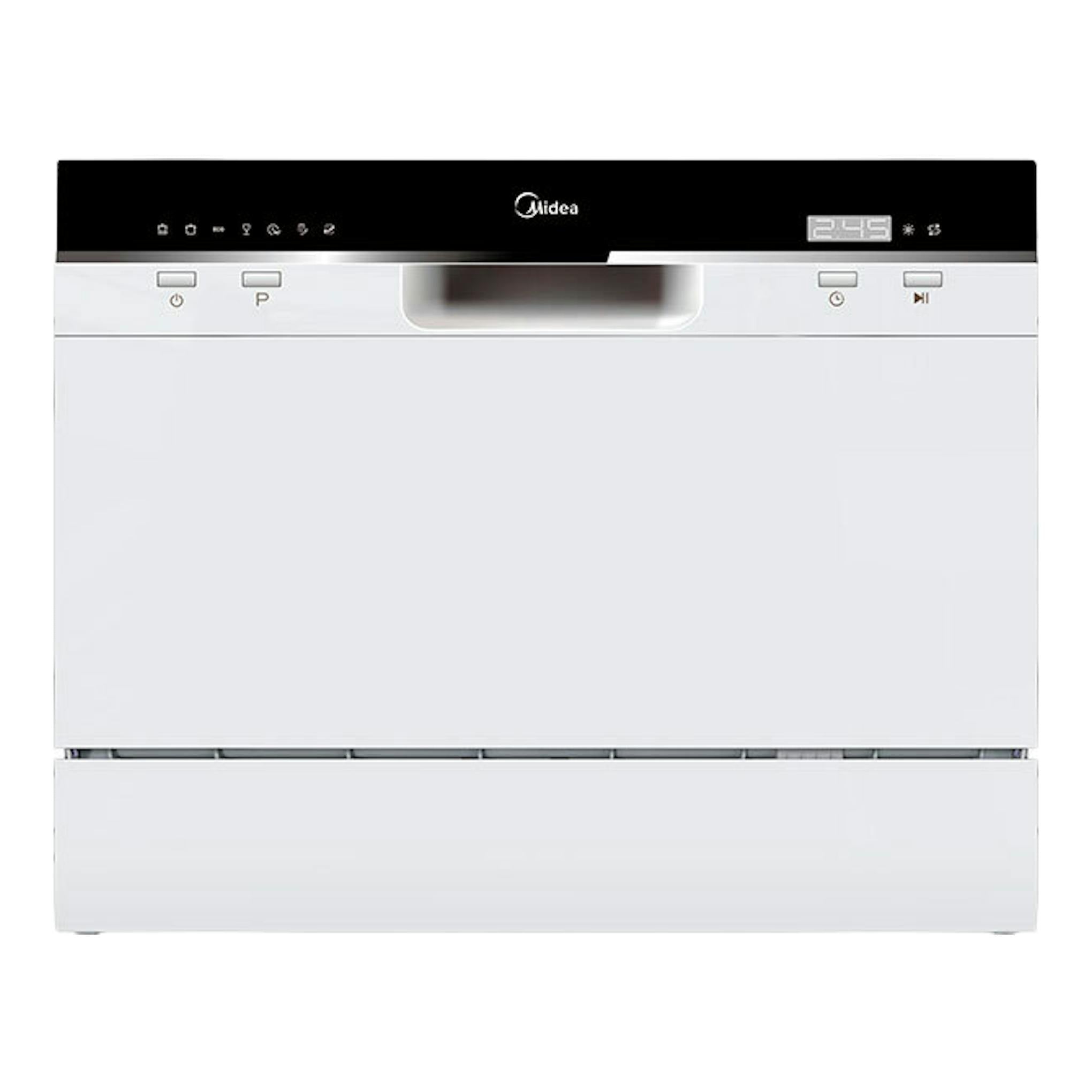 Lavavajillas Midea MTD55S101W1 blanco, vista frontal, con panel superior negro y display digital.