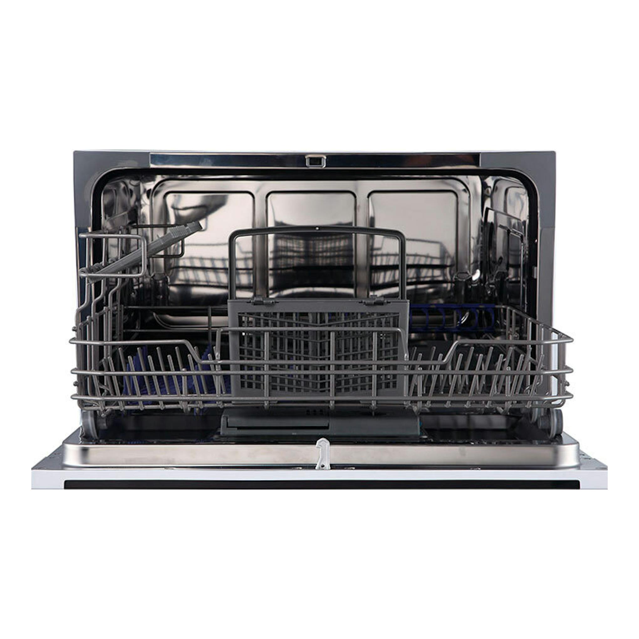 Lavavajillas Midea MTD55S101W1 de 55 cm, vista frontal abierta, interior de acero inoxidable y cestas metálicas.