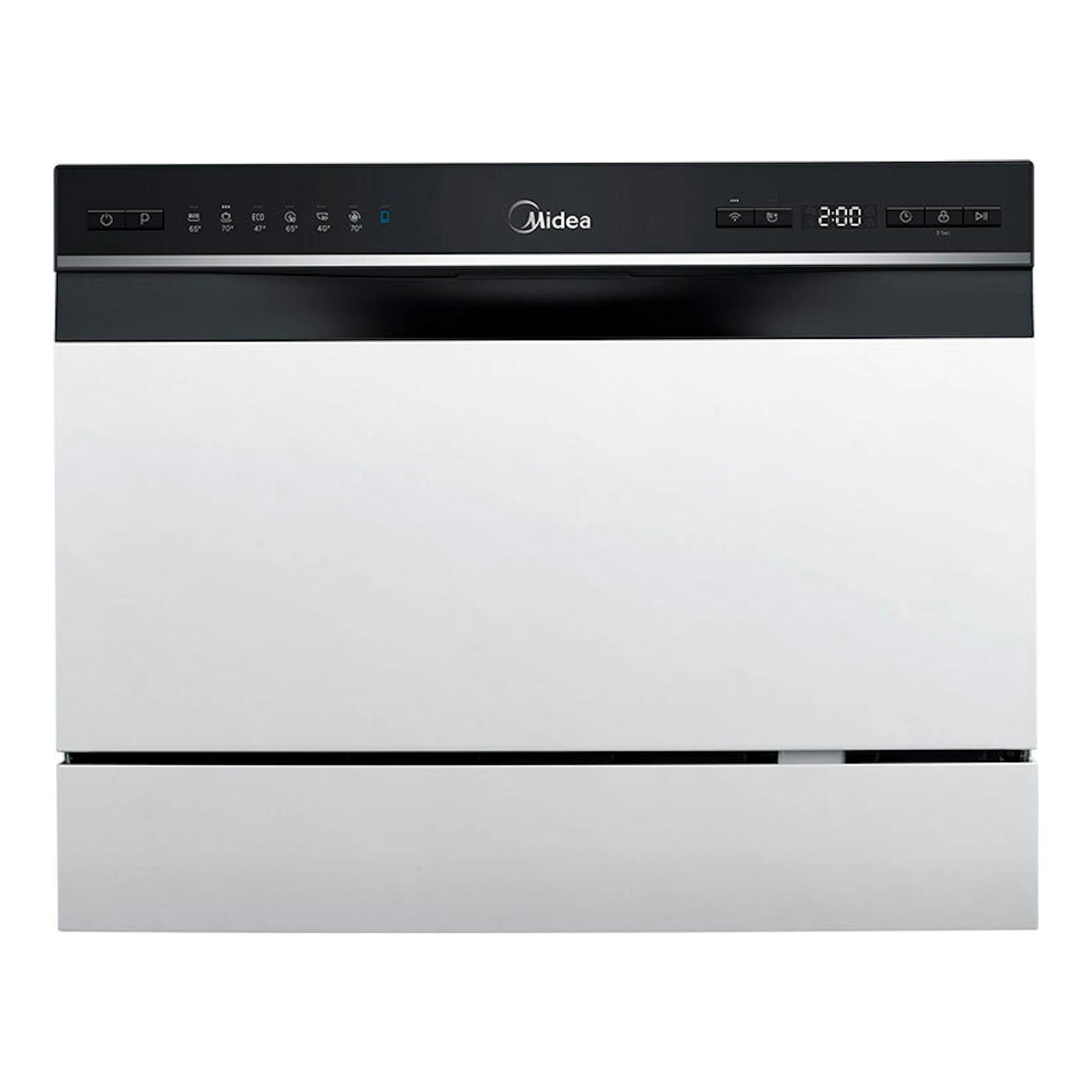Lavavajillas Midea MTD55S400W-GR, vista frontal, acabado blanco con panel superior negro y display digital.
