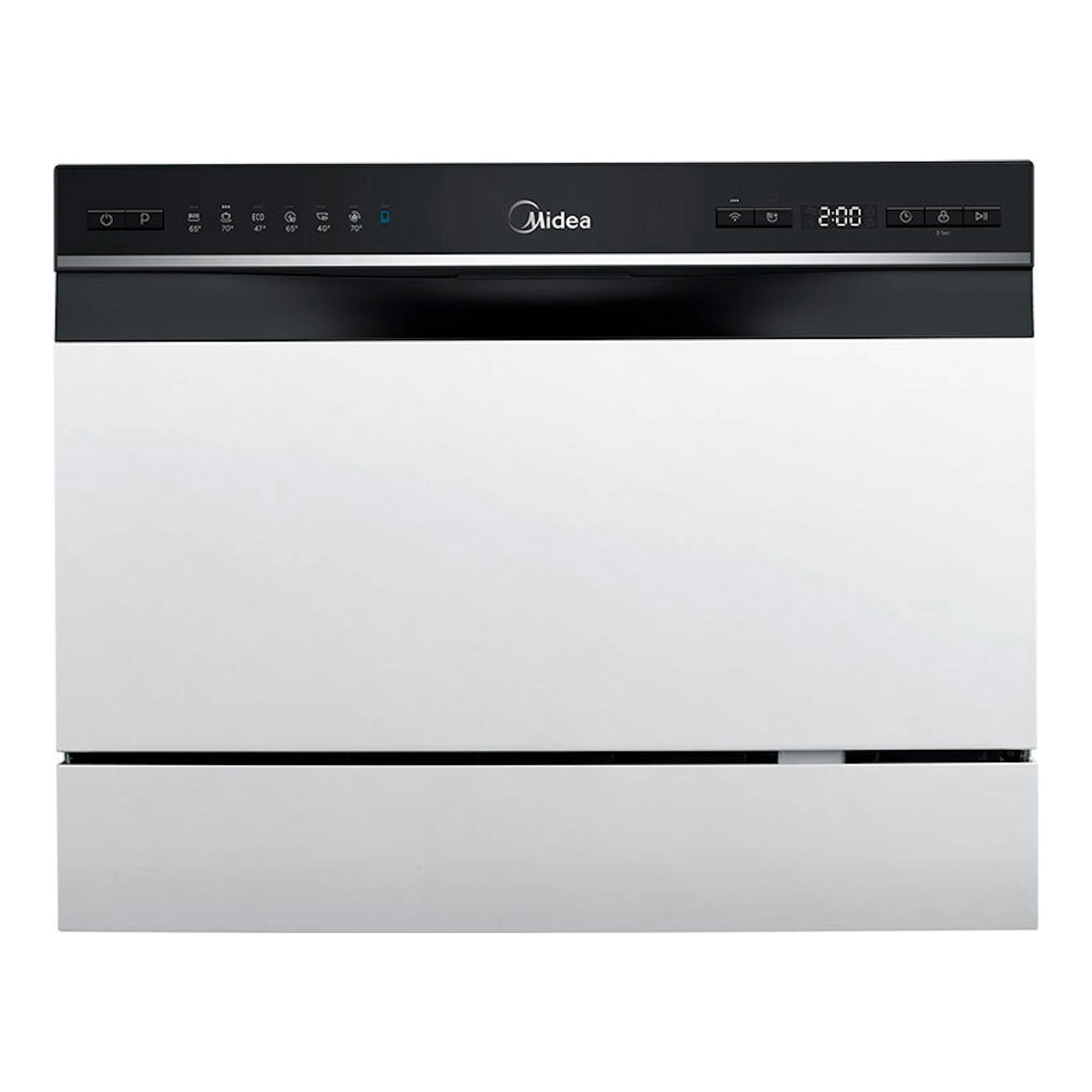 Lavavajillas Midea MTD55S400W-GR, vista frontal, acabado blanco con panel superior negro y display digital.