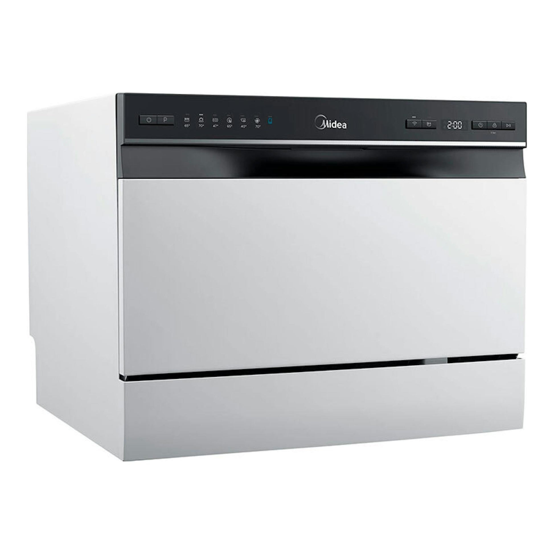 Lavavajillas Midea MTD55S400W-GR blanco y negro, vista frontal en ángulo, con panel de control superior.