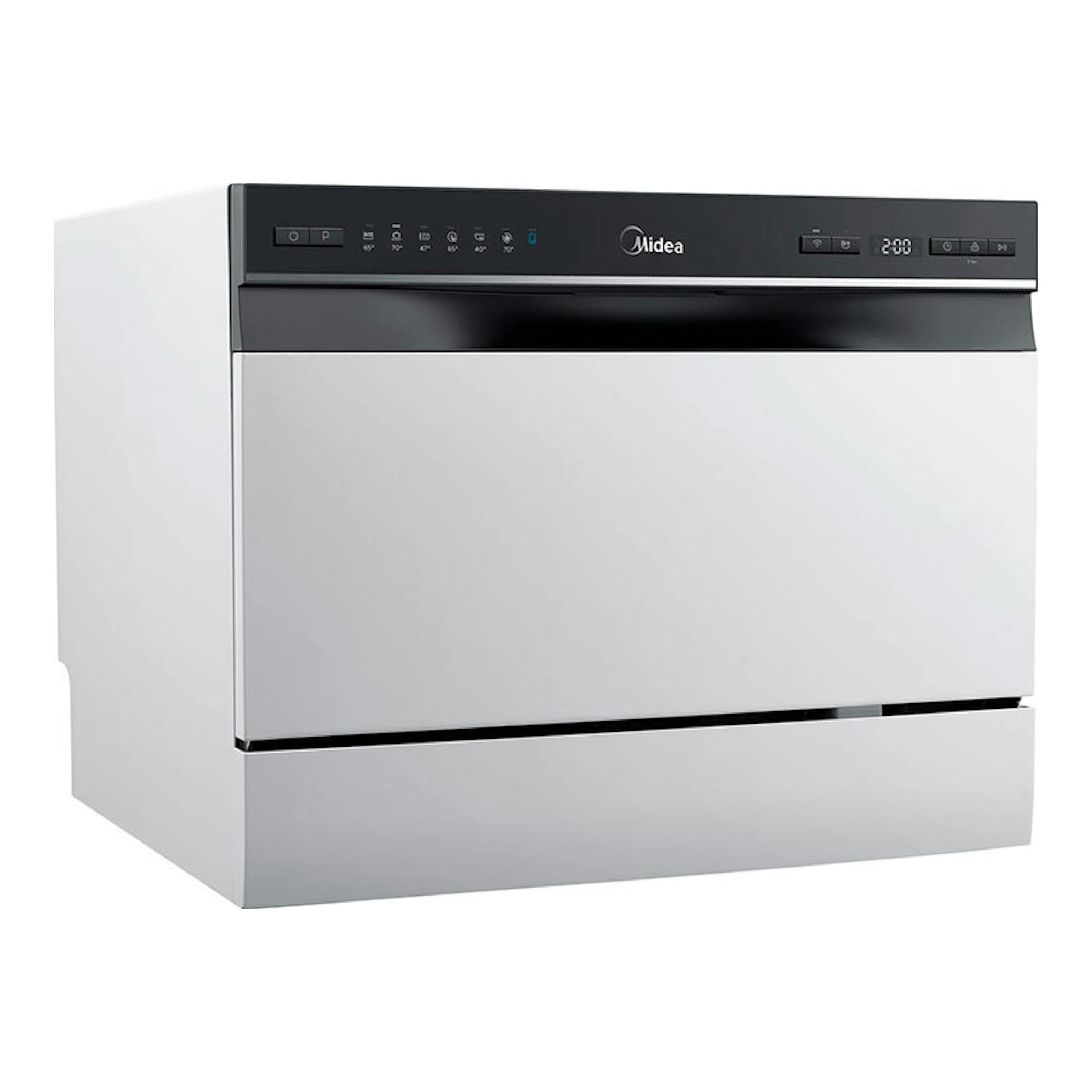 Lavavajillas Midea MTD55S400W-GR blanco y negro, vista frontal en ángulo, con panel de control superior.