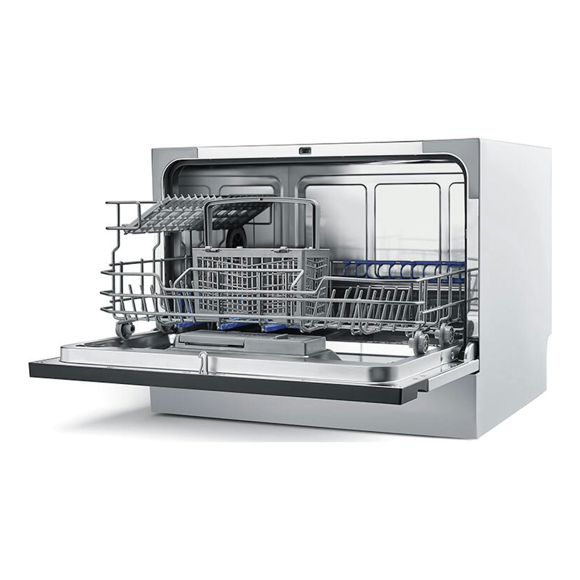 Lavavajillas Midea MTD55S400W-GR blanco, visto de frente con la puerta abierta y cestas interiores visibles.