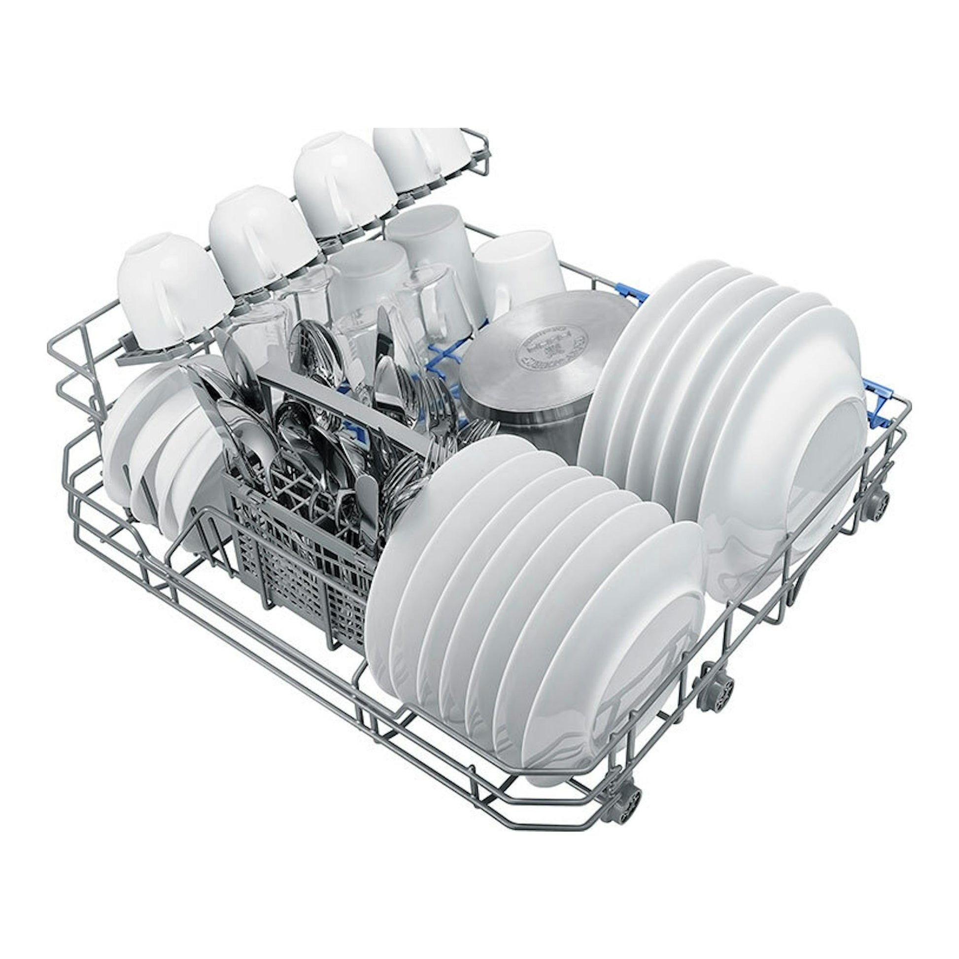 Lavavajillas Midea MTD55S400W-GR con cesto interior cargado de platos y vasos, vista frontal en blanco.