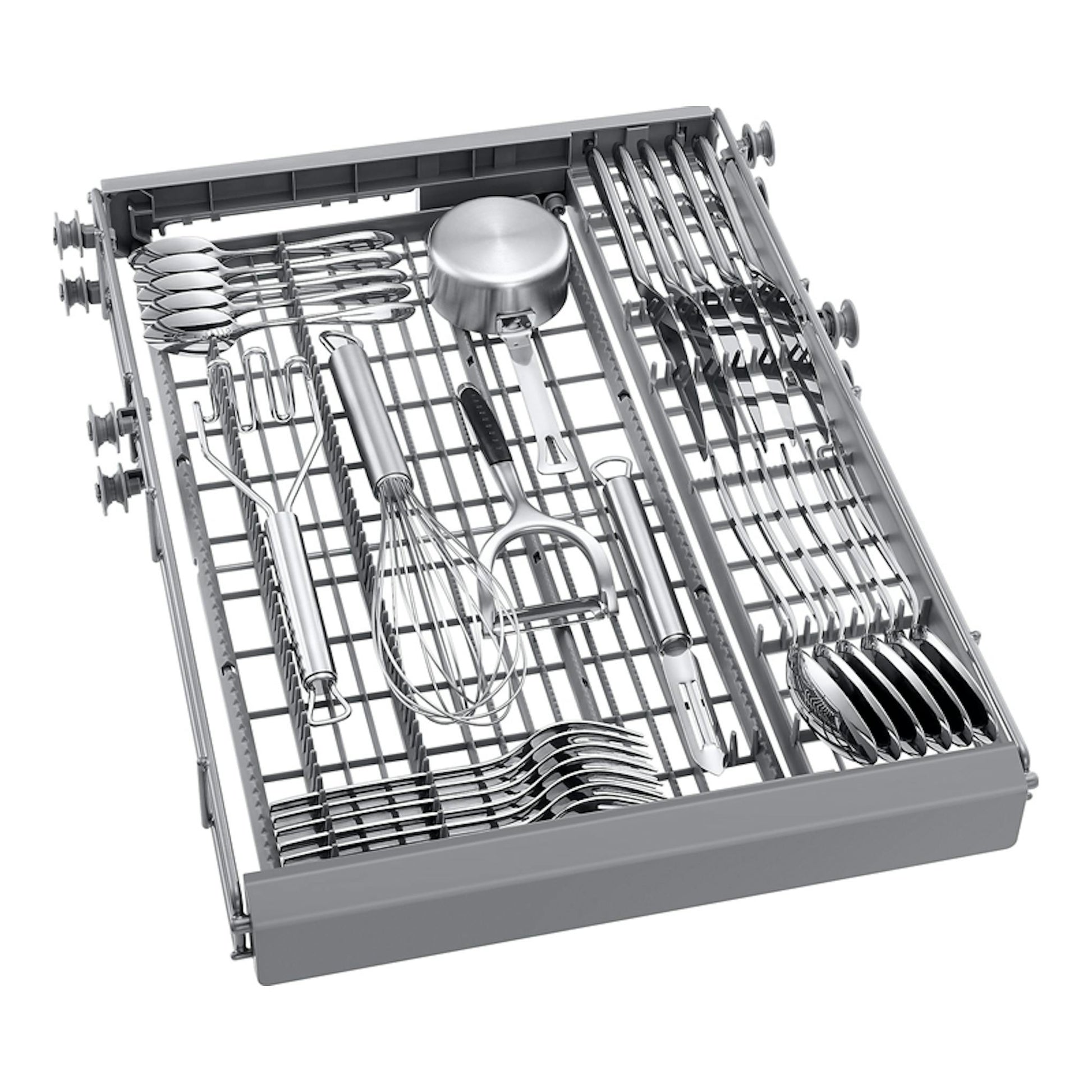 Lavavajillas Samsung DW50DG450B00ET de 45 cm, cajón extraíble para cubiertos y utensilios, vista inclinada.