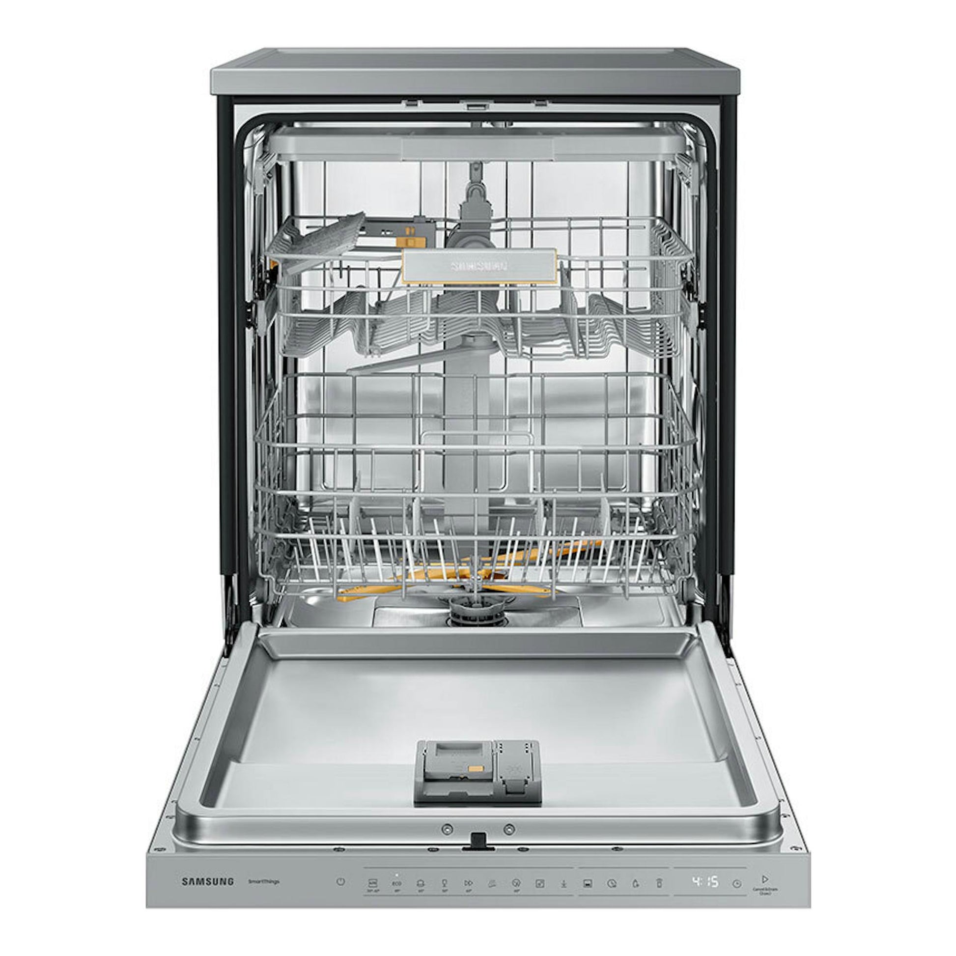 Lavavajillas Samsung DW60BG750FSLET de 60 cm, vista frontal abierta, interior de acero inoxidable.