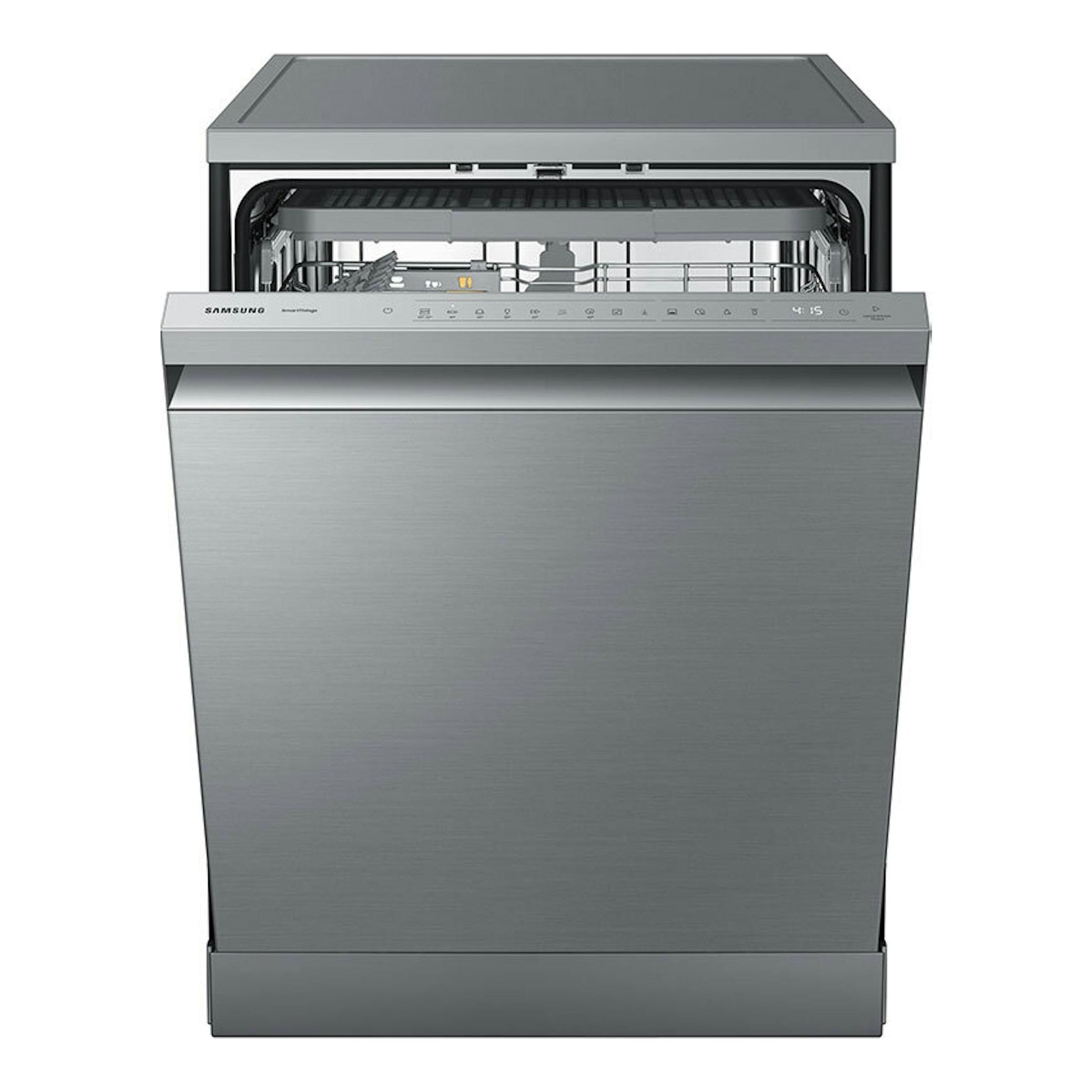 Lavavajillas Samsung DW60BG750FSLET de acero inoxidable, vista frontal con puerta abatida e interior visible.
