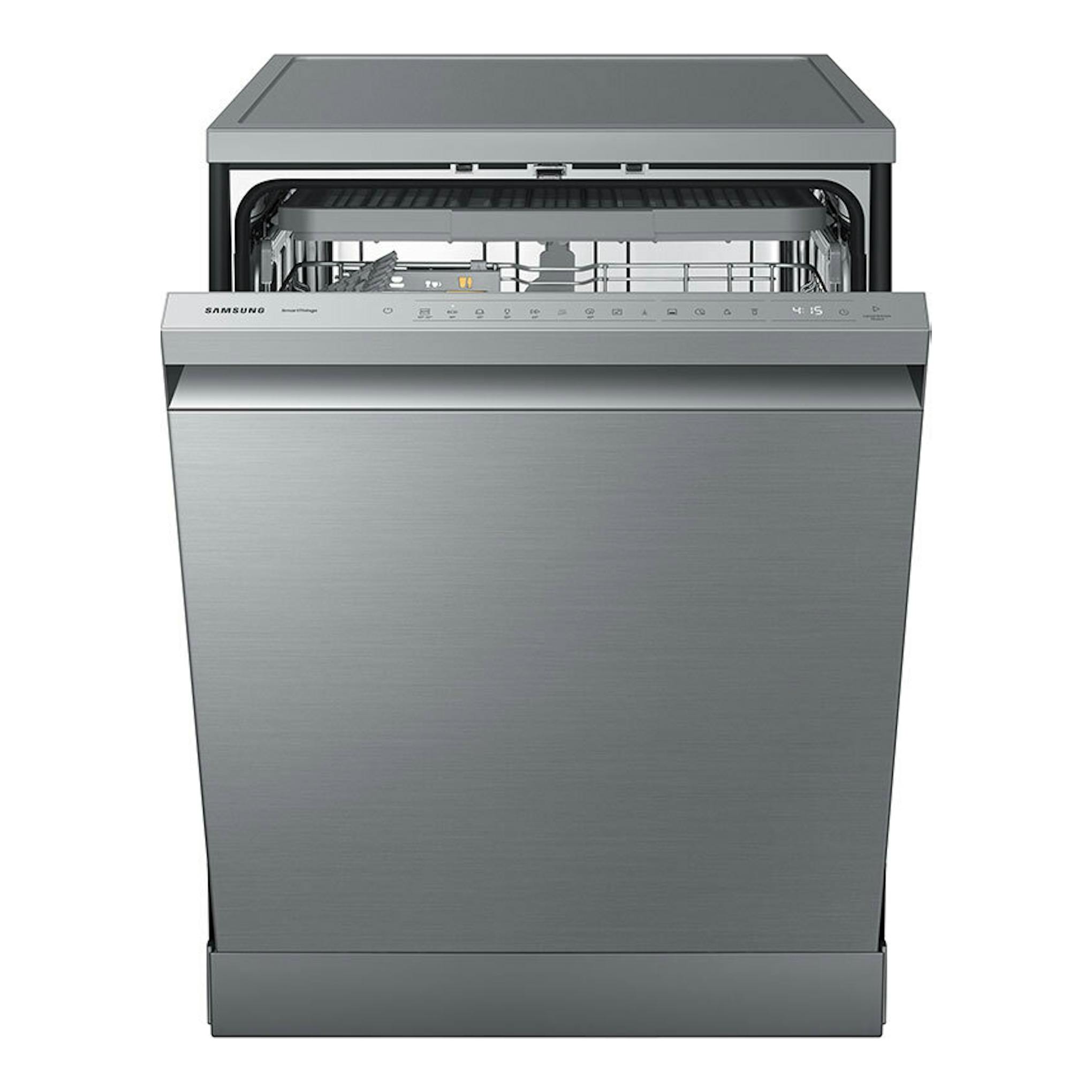 Lavavajillas Samsung DW60BG750FSLET de acero inoxidable, vista frontal con puerta abatida e interior visible.