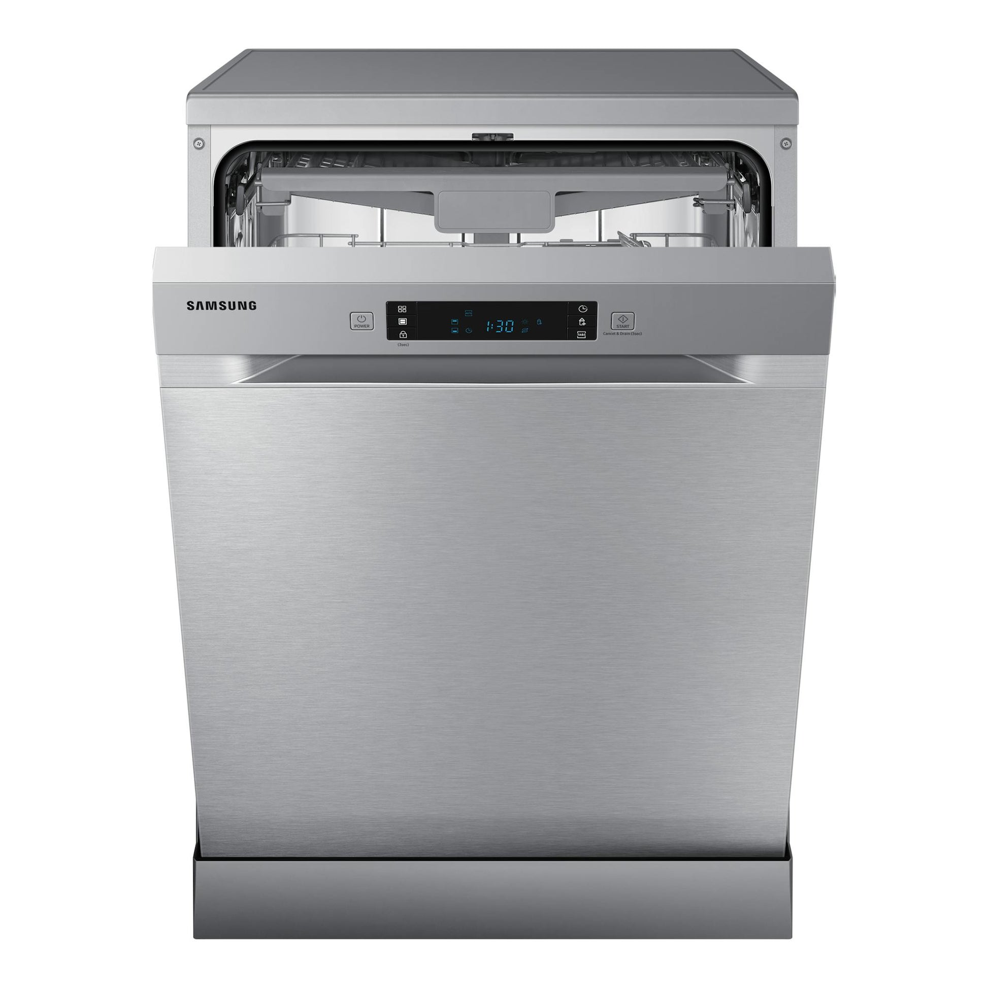 Lavavajillas Samsung DW60CG550FSRET de libre instalación, frontal inox, con puerta abierta.