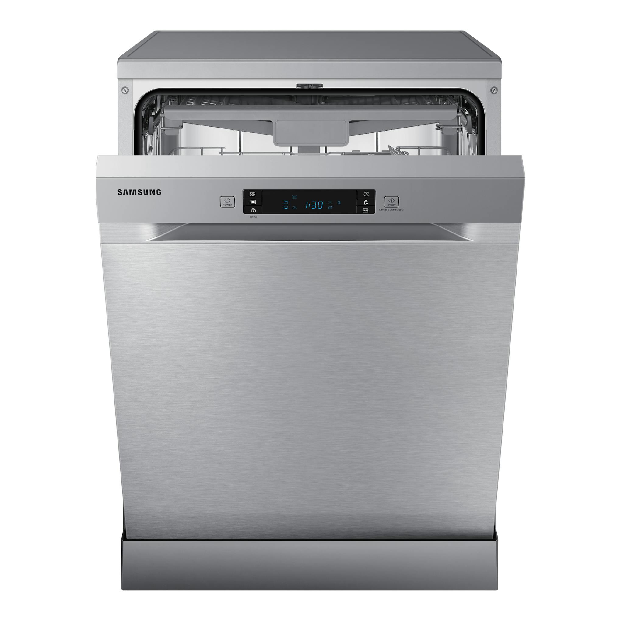 Lavavajillas Samsung DW60CG550FSRET de libre instalación, frontal inox, con puerta abierta.