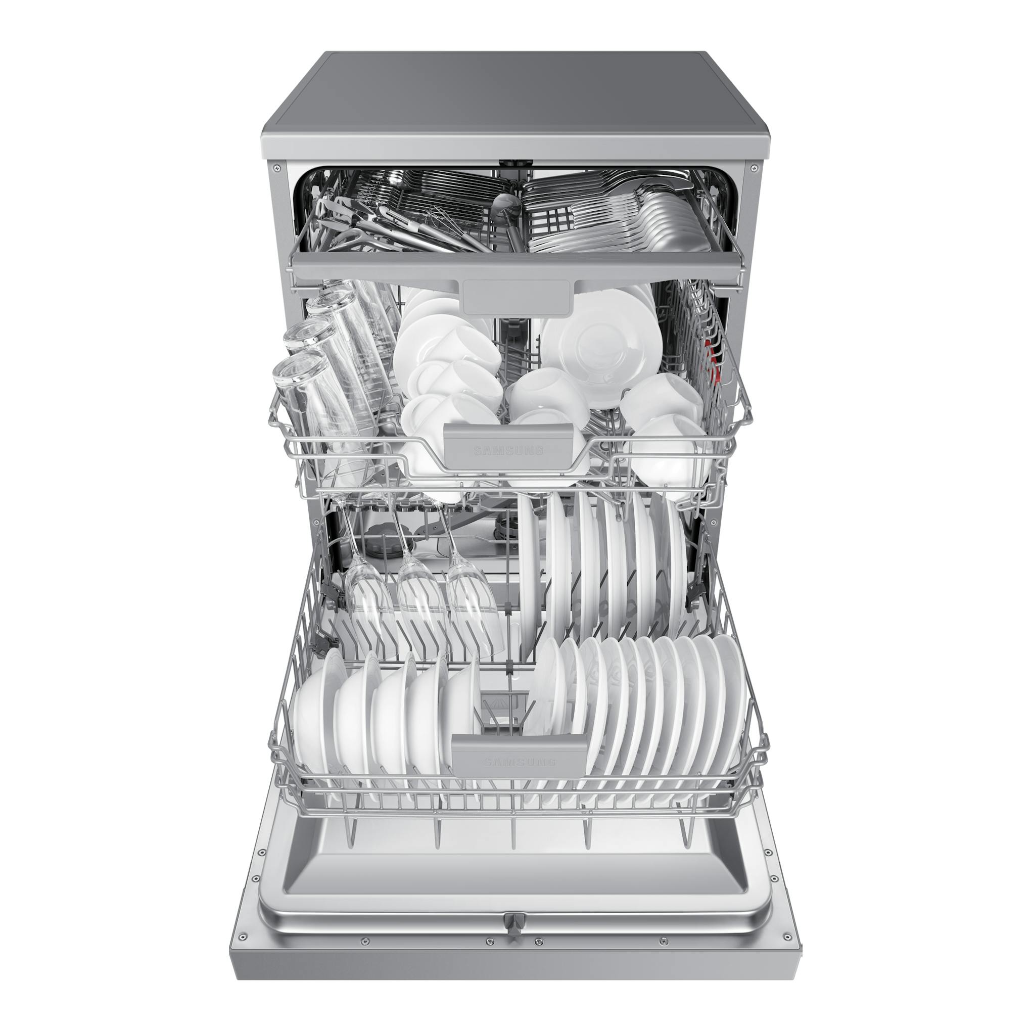 Lavavajillas Samsung DW60CG550FSRET, inox, vista frontal con puerta abierta y cestas cargadas.