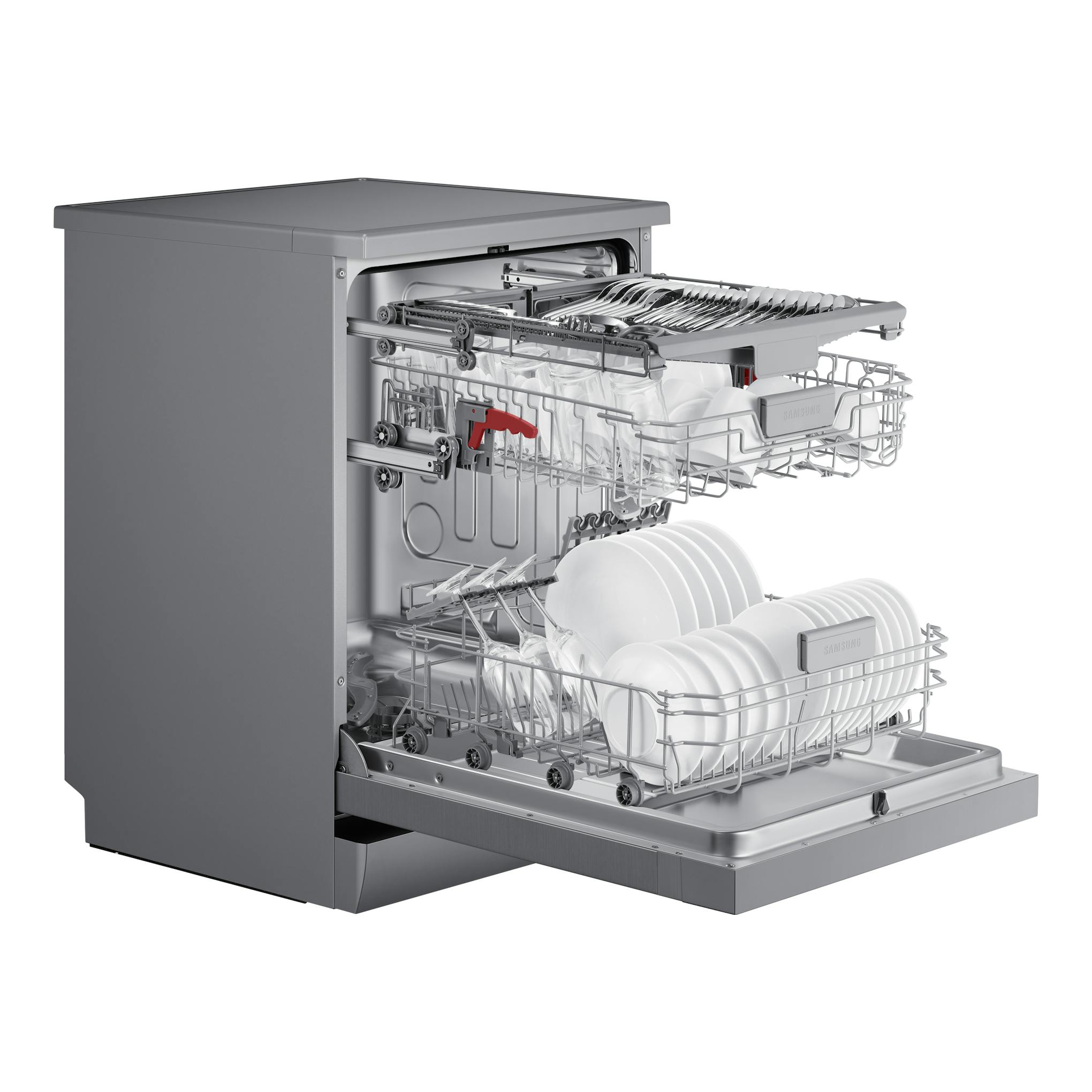Lavavajillas Samsung DW60CG550FSRET de libre instalación, inox, con cestas abiertas en vista lateral.