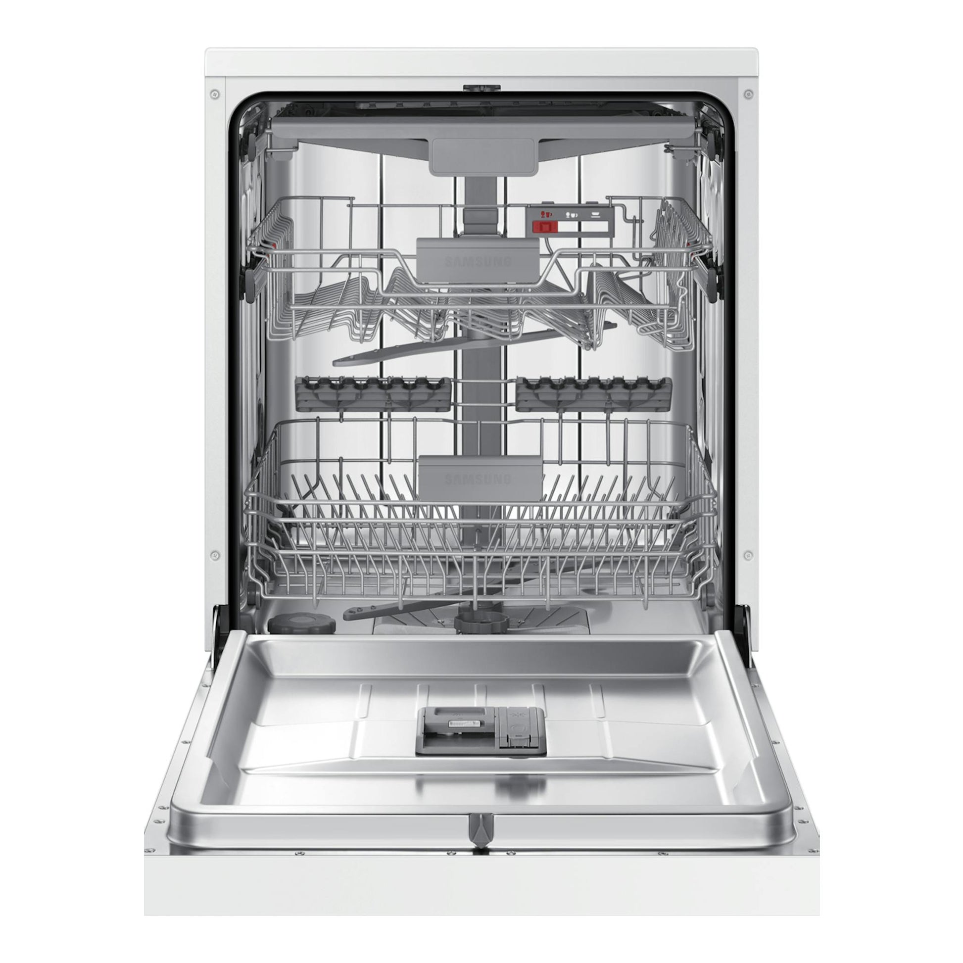 Lavavajillas Samsung DW60CG550FWQET blanco, vista frontal abierta con cestas y bandeja interior.