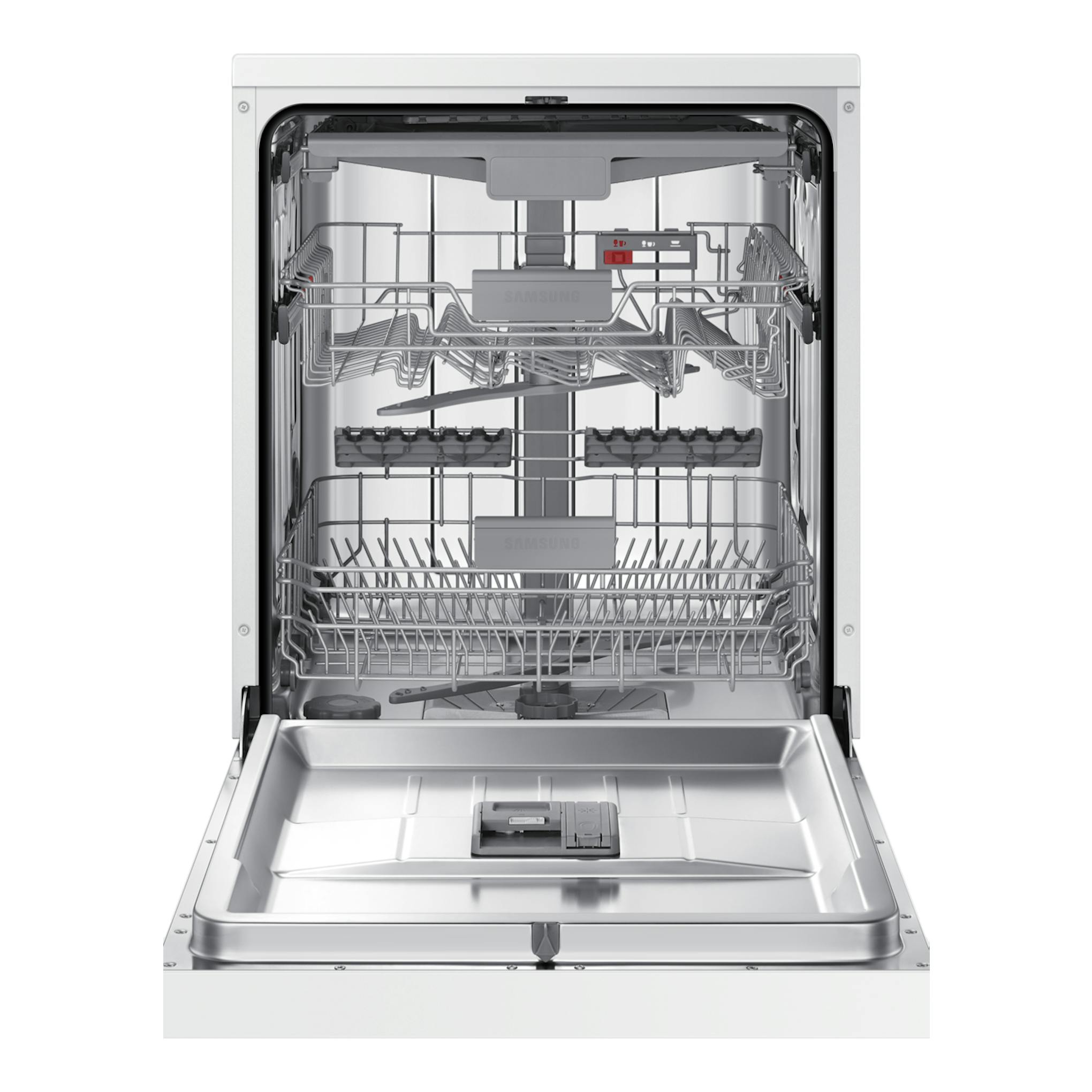 Lavavajillas Samsung DW60CG550FWQET blanco, vista frontal abierta con cestas y bandeja interior.