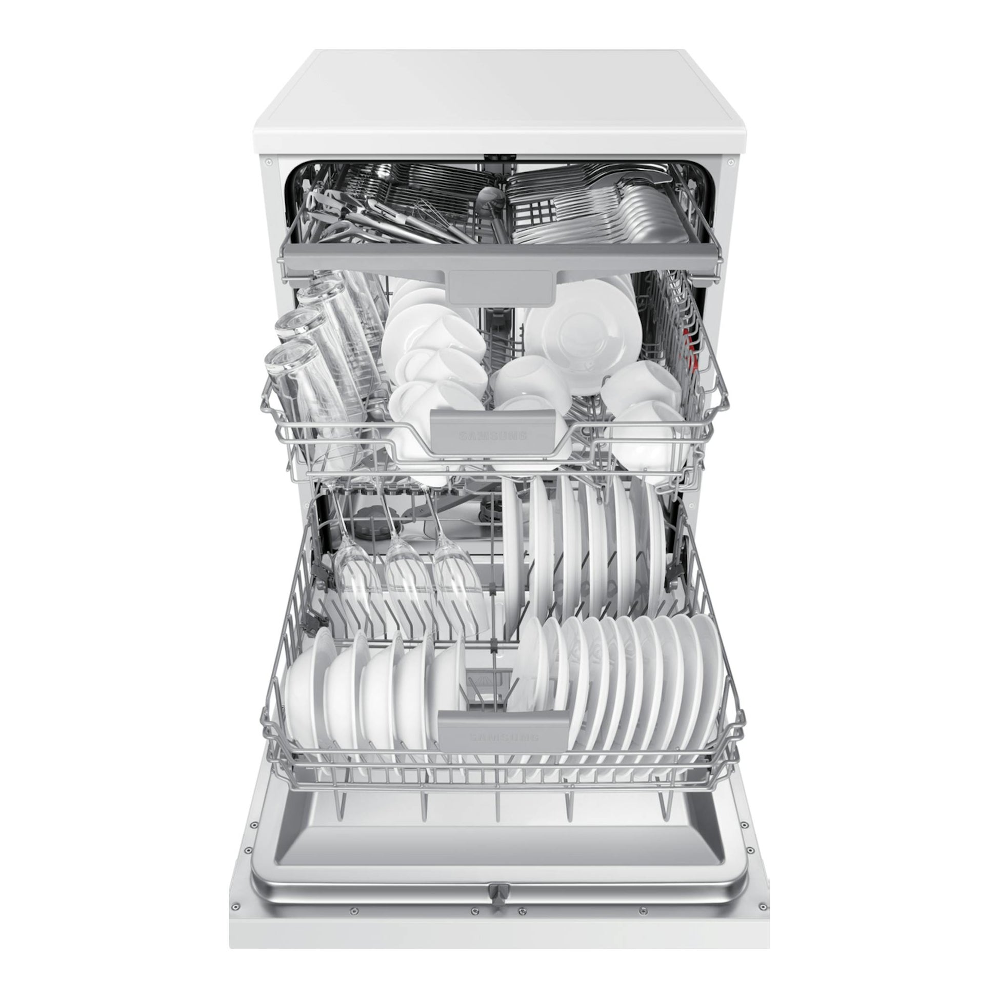 Lavavajillas Samsung DW60CG550FWQET blanco, vista frontal abierta con cestas y vajilla.