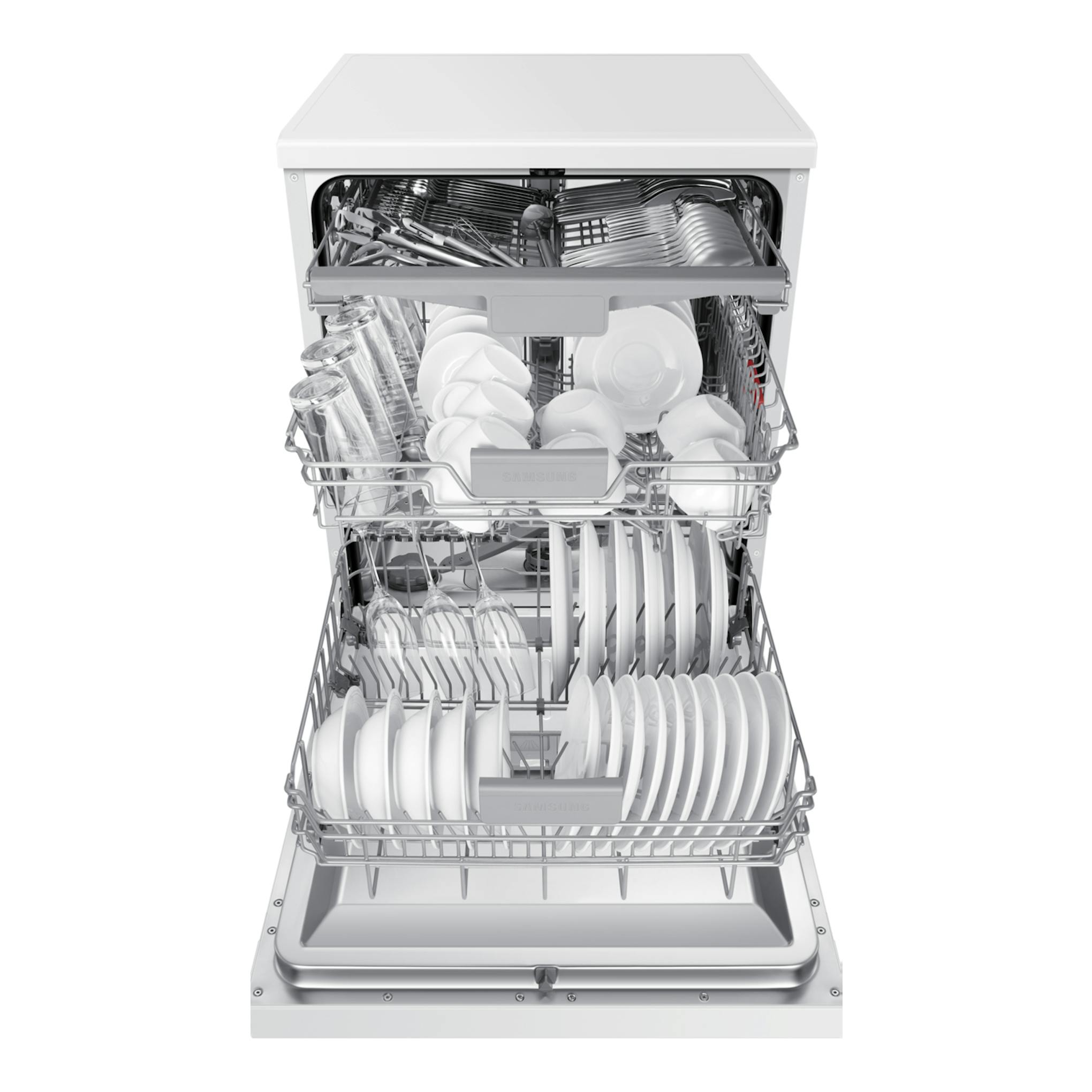Lavavajillas Samsung DW60CG550FWQET blanco, vista frontal abierta con cestas y vajilla.