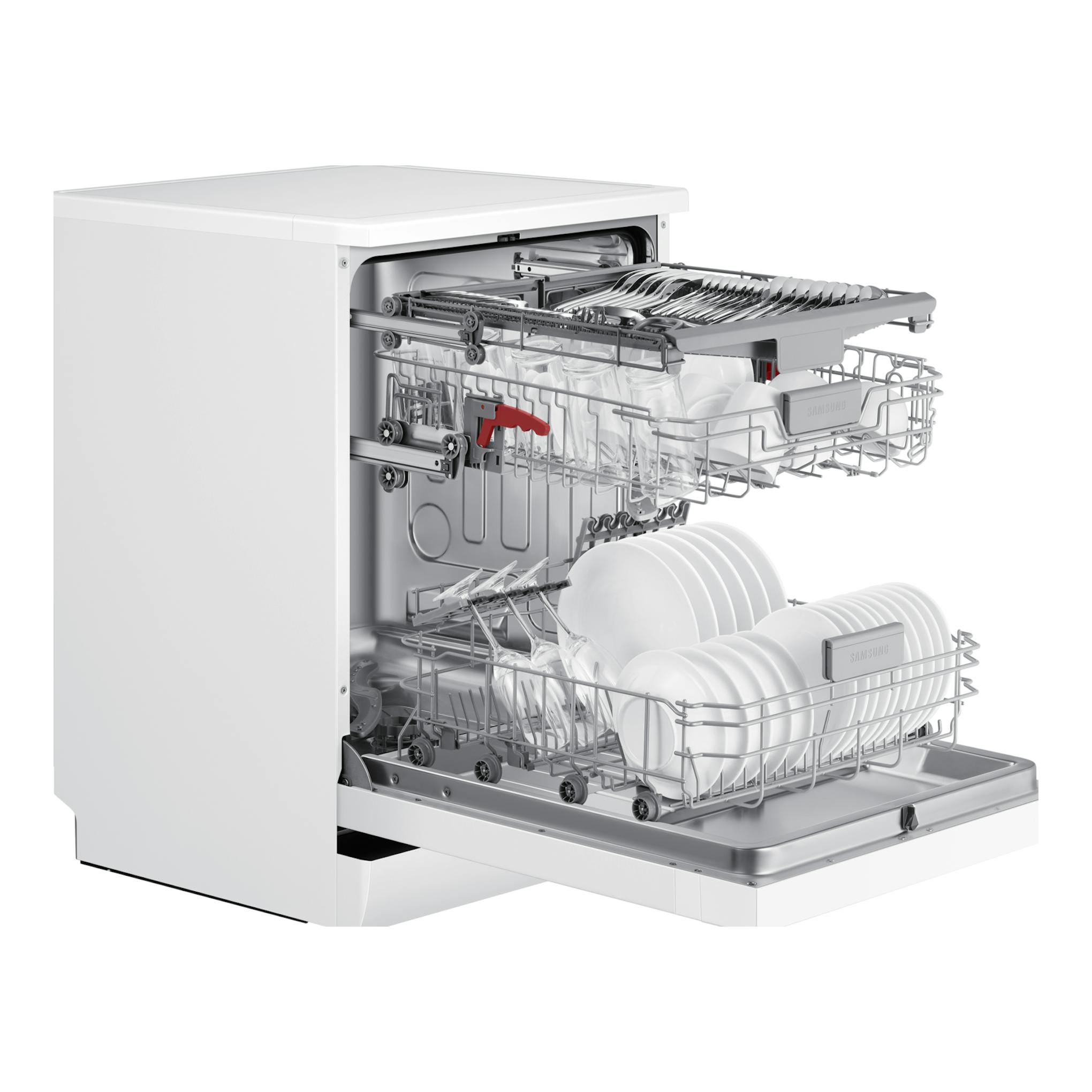 Lavavajillas Samsung DW60CG550FWQET blanco, vista frontal en 3/4 con puerta abierta y cestas cargadas.