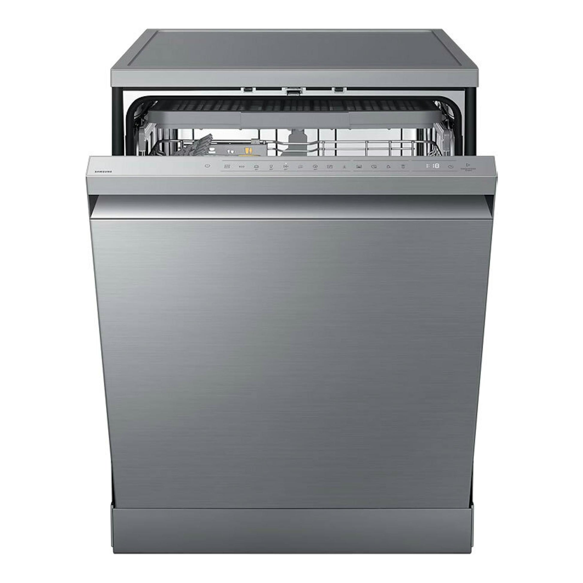 Lavavajillas Samsung DW60DG790FSLU1 de acero inoxidable, vista frontal con la puerta abierta.