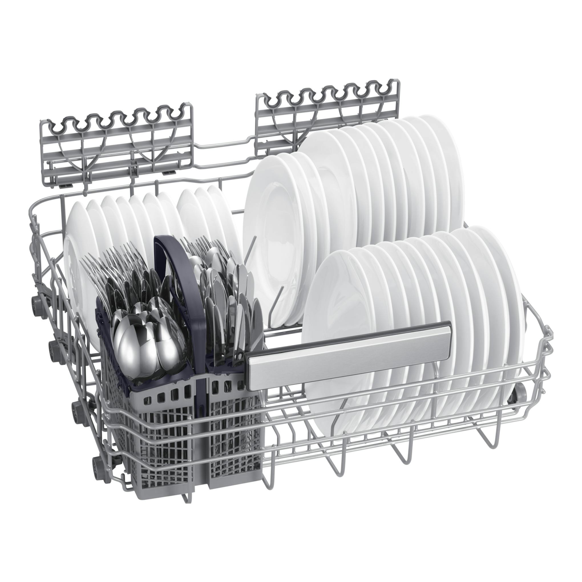 Samsung DW70H72WCI0U1: cesta de lavavajillas en vista frontal con platos blancos y cubiertos sobre fondo blanco.