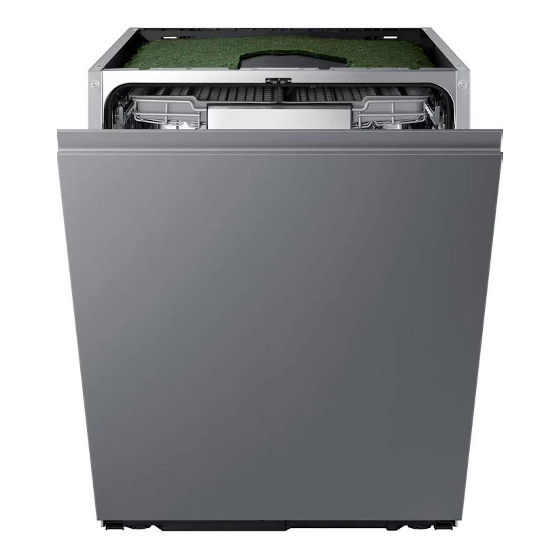 Lavavajillas integrado Samsung DW70H73WCI0U1 gris, vista frontal con la puerta parcialmente abierta.
