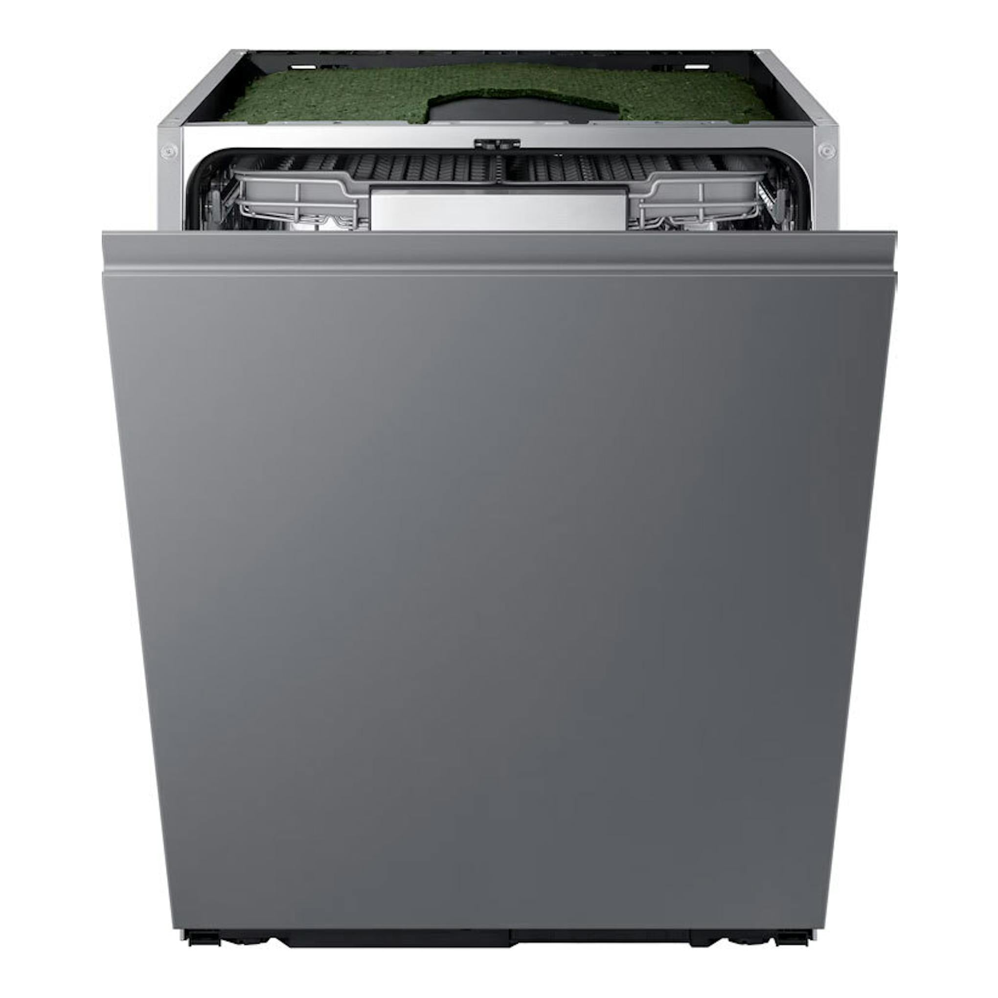 Lavavajillas integrado Samsung DW70H73WCI0U1 gris, vista frontal con la puerta parcialmente abierta.