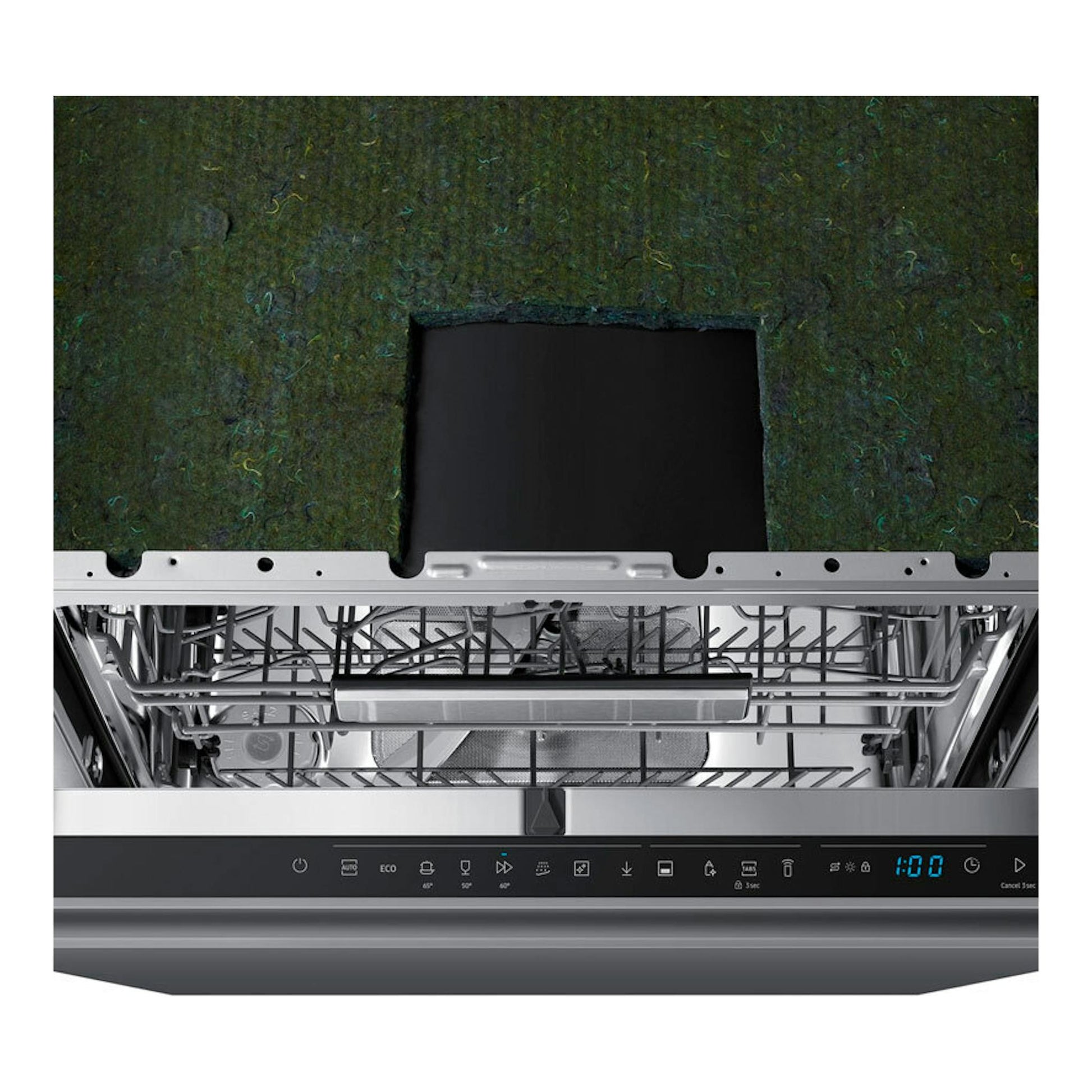 Lavavajillas Samsung DW70H73WCI0U1 de 60 cm, visto de frente y con la puerta abierta, interior gris.