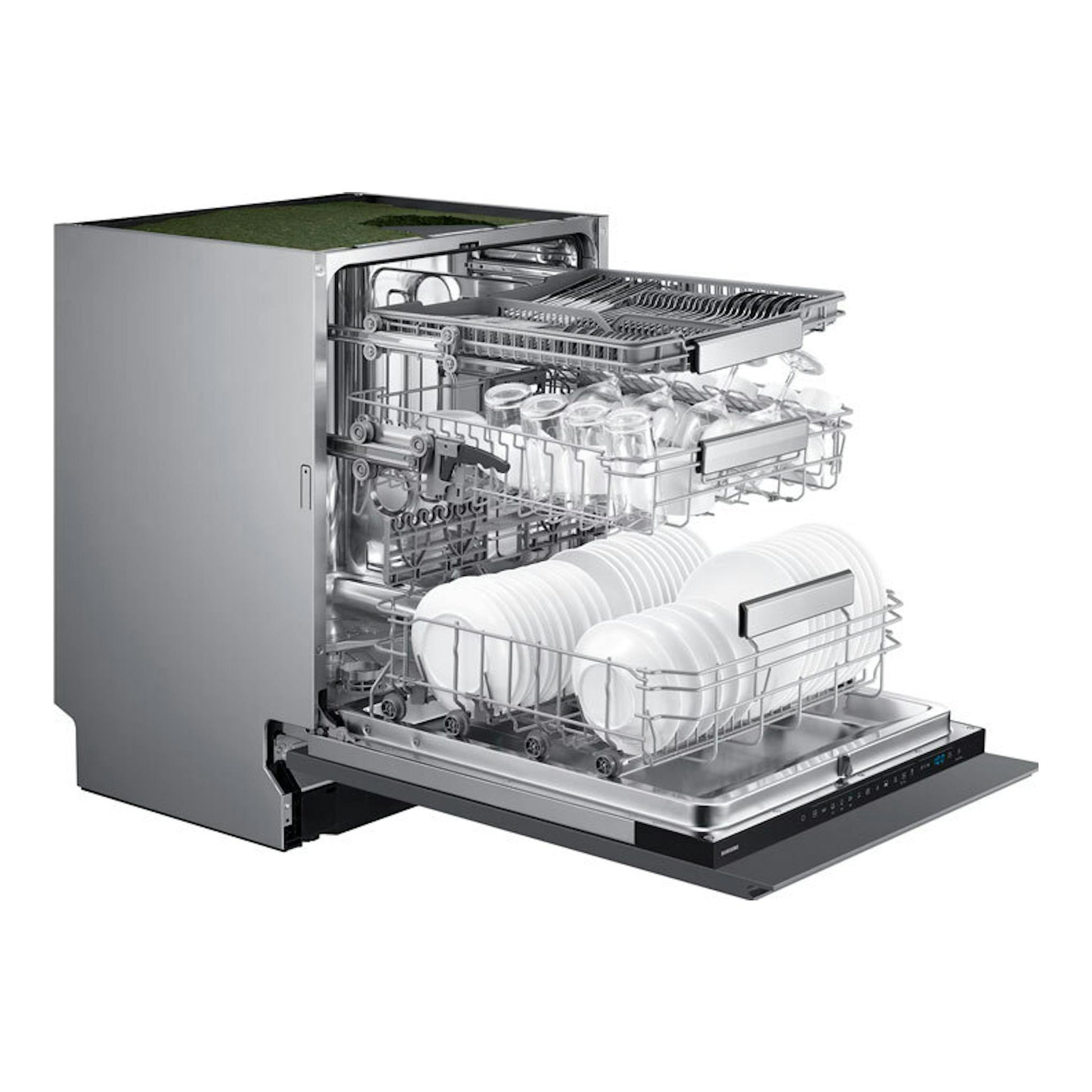 Lavavajillas Samsung DW70H73WCI0U1 de 60 cm, vista frontal en corte, con cestas y platos, acabado inox.