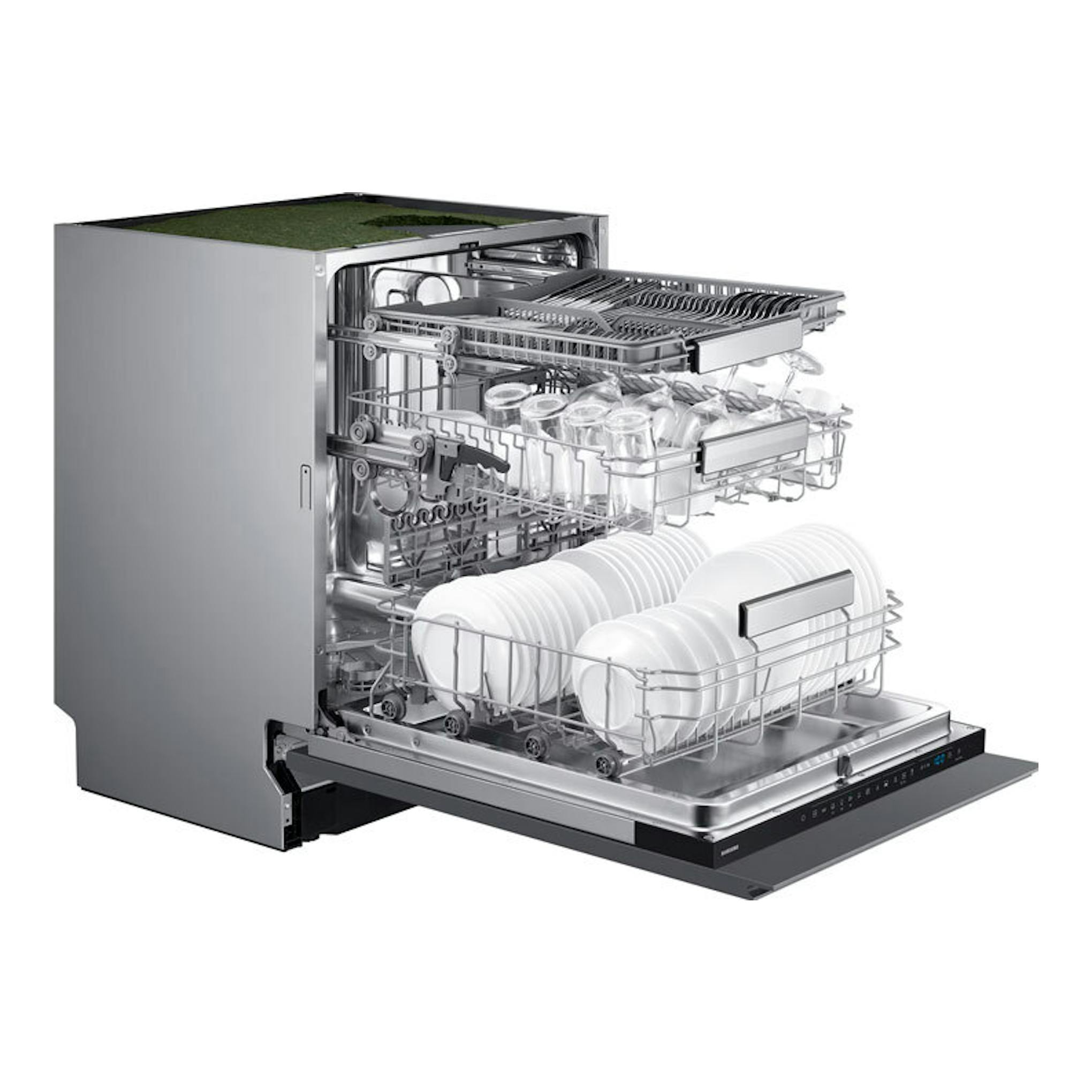 Lavavajillas Samsung DW70H73WCI0U1 de 60 cm, vista frontal en corte, con cestas y platos, acabado inox.