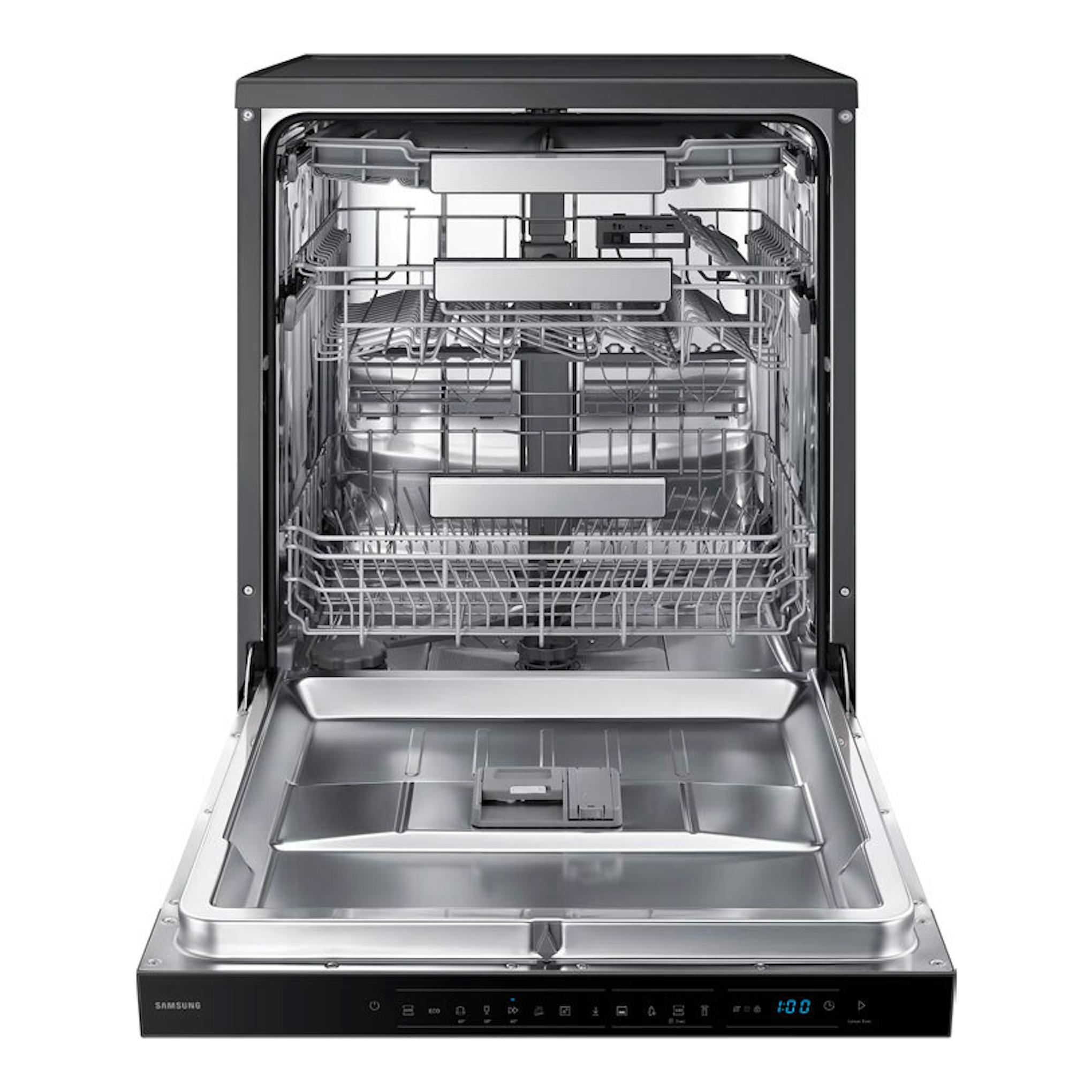 Lavavajillas Samsung DW70H73YCFEU1, vista frontal abierta, interior de acero inoxidable y panel negro.