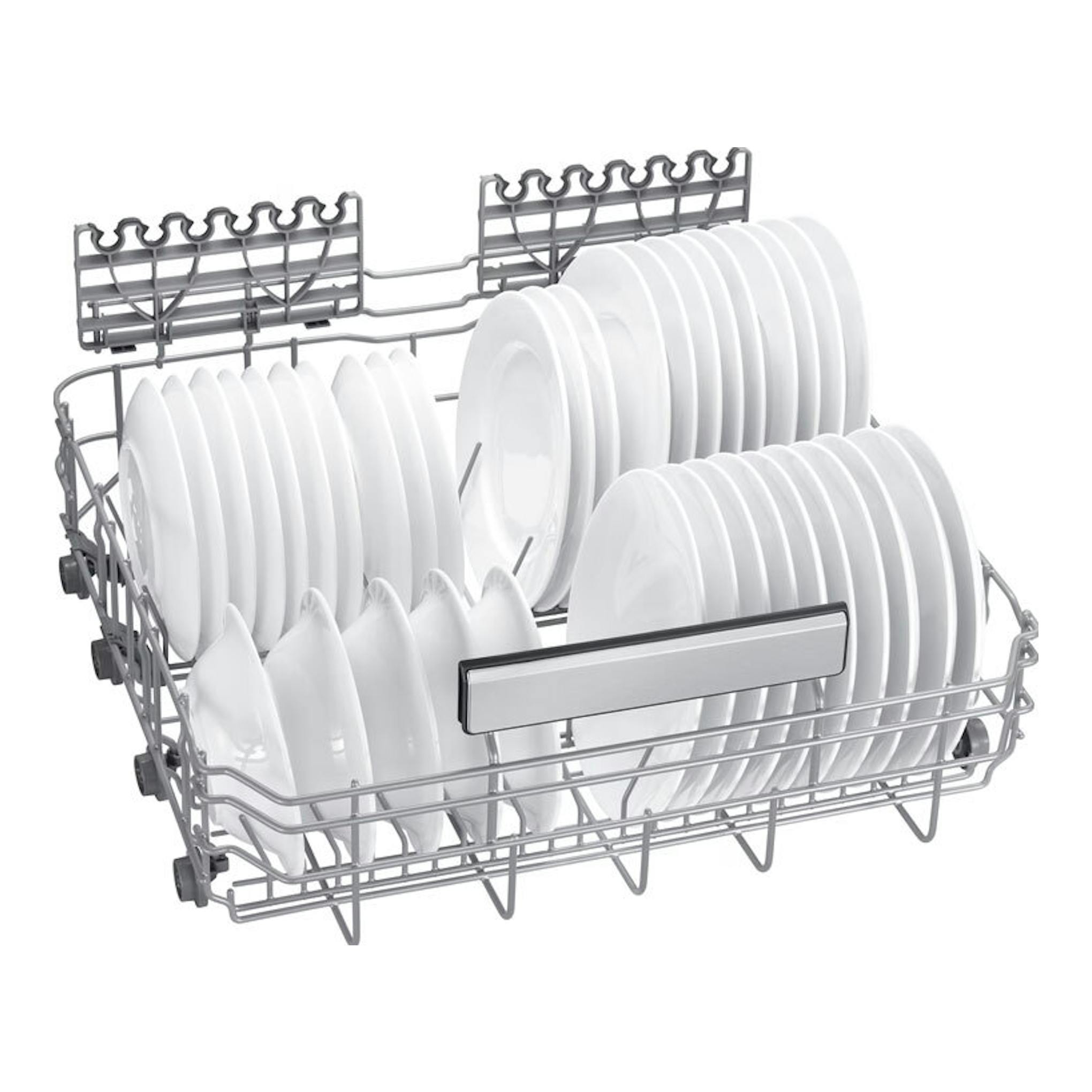 Samsung DW70H73YCFEU1: cesta de lavavajillas gris con platos blancos, vista frontal.